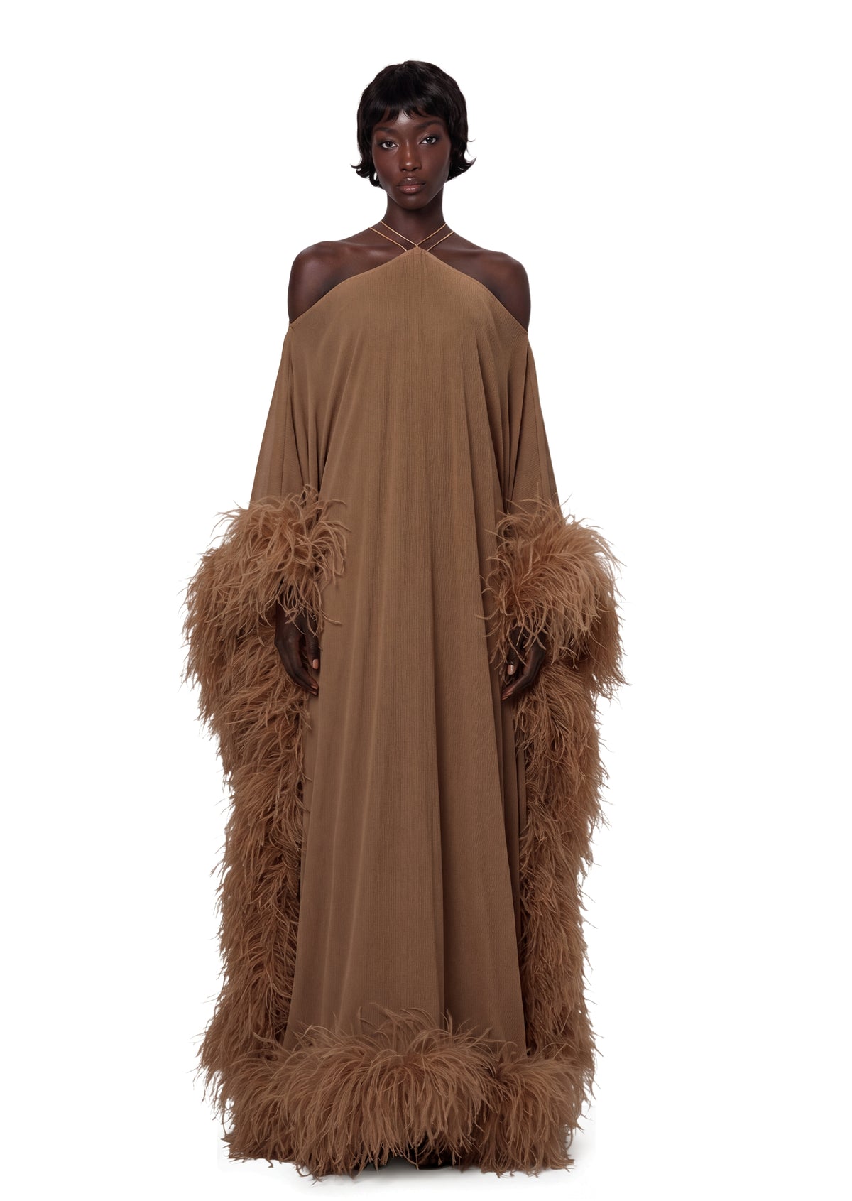 Paget Halter Neck Ostrich Feather Maxi Dress In Camel