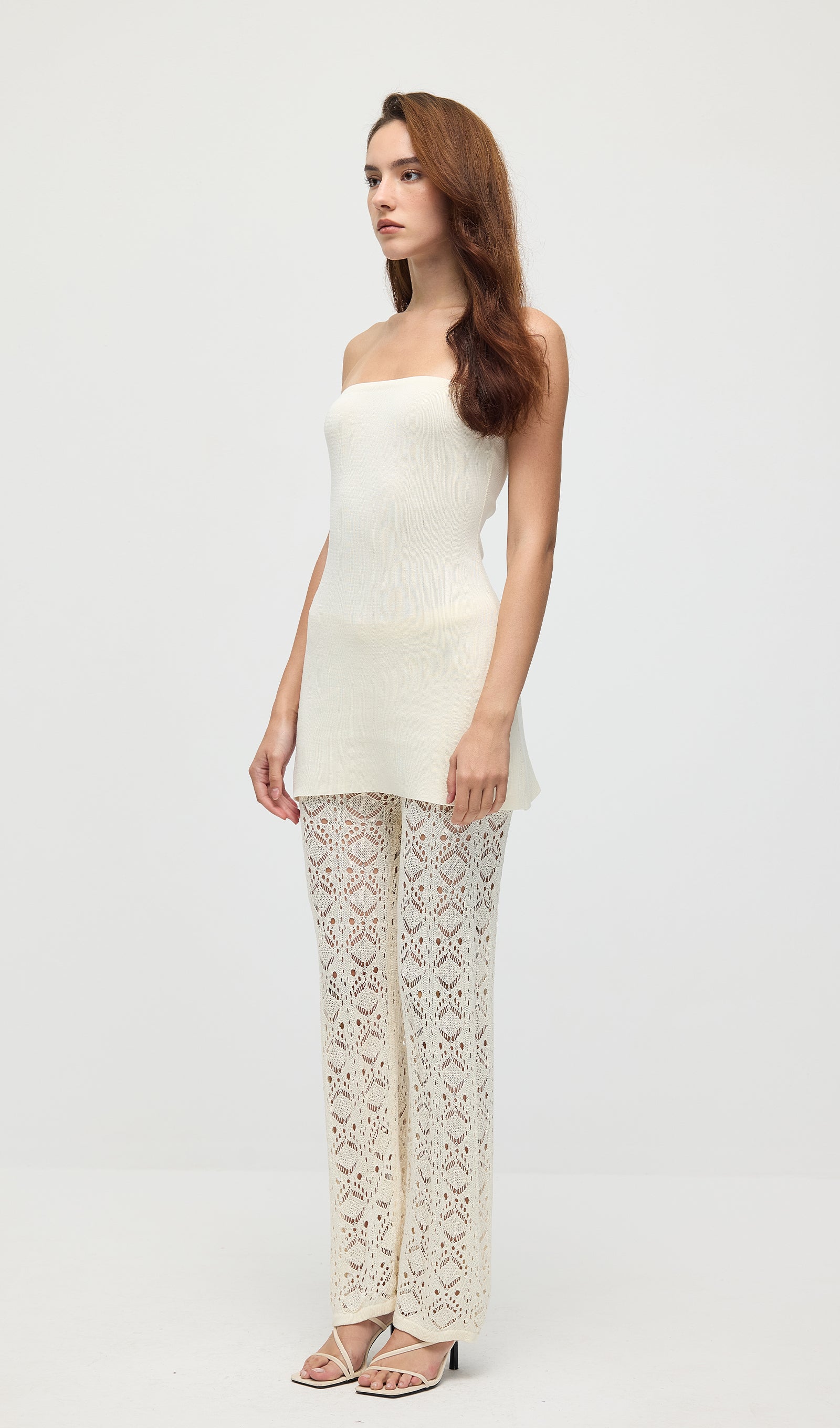 Bandage Knit Top & Crochet Knit Pants In Ivory