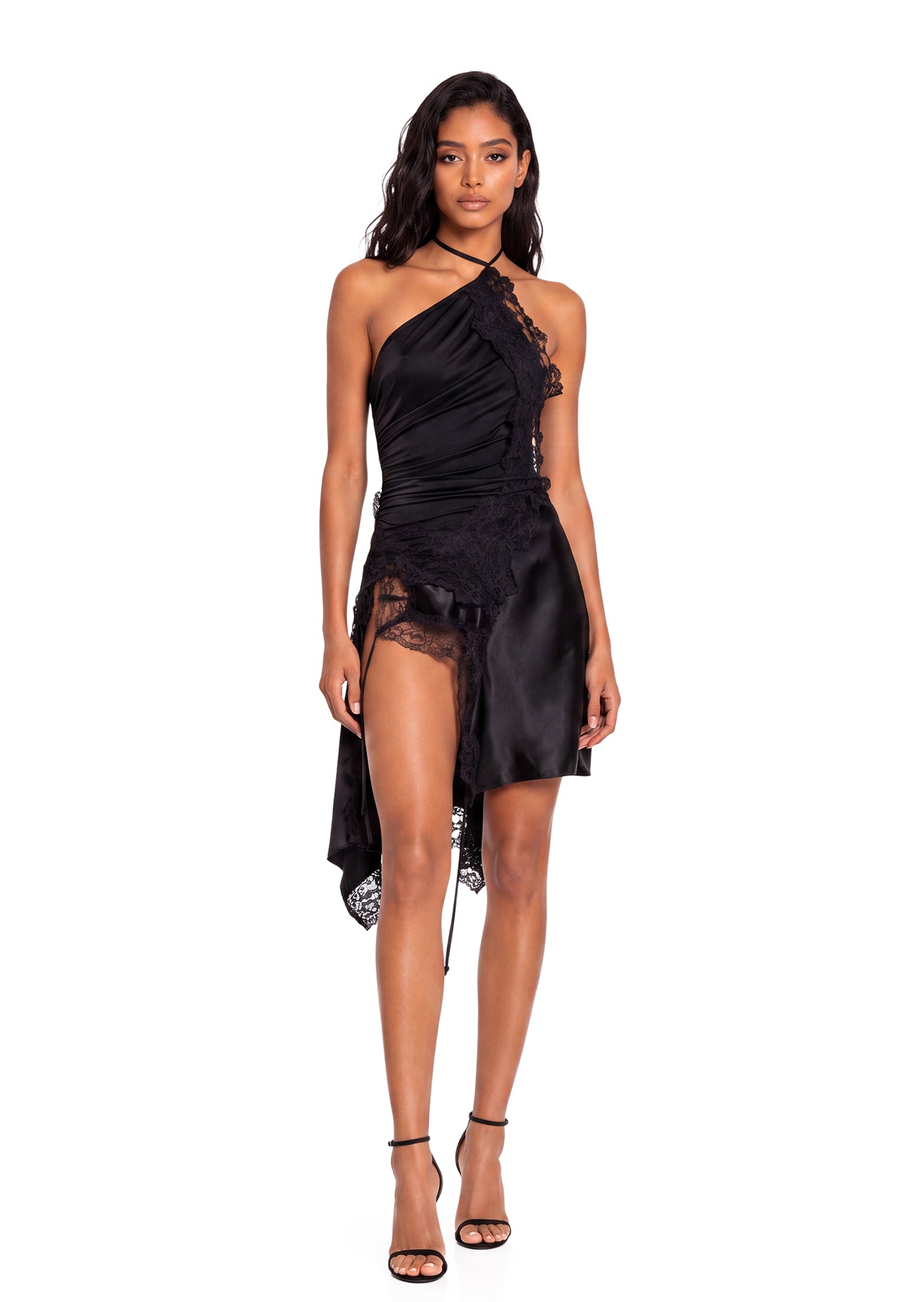 Uday Halter Neck Lace  Mini Dress In Black