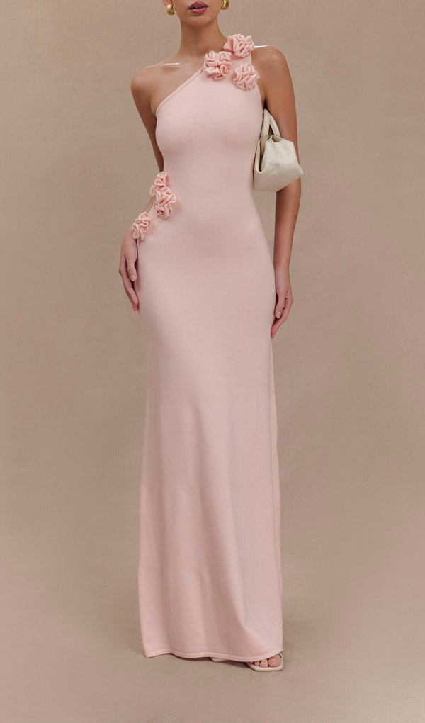 One Shoulder Flower Knit Maxi Dress - Baby Pink