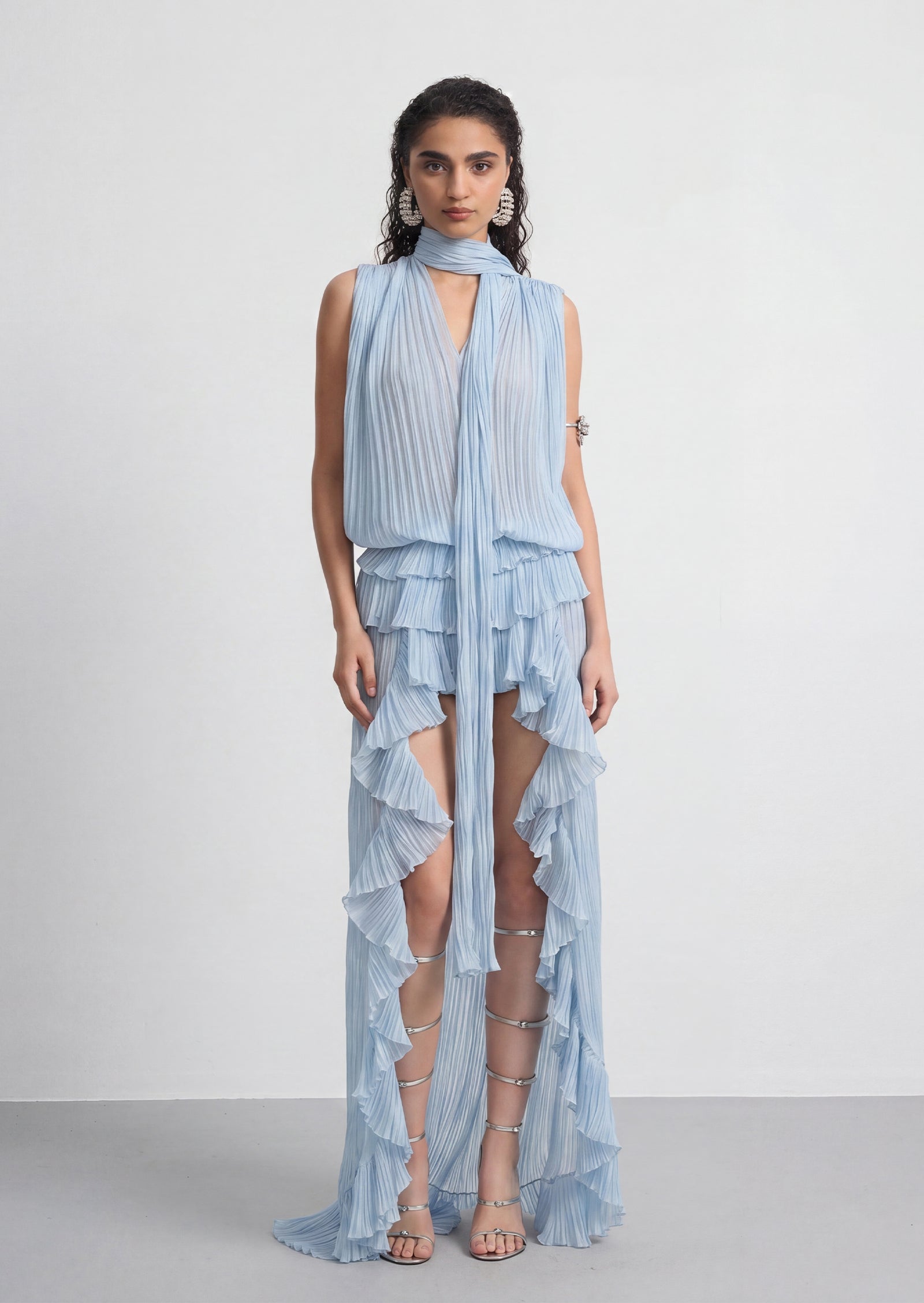 Avielle Pleated Asymmetrical Chiffon Maxi Dress