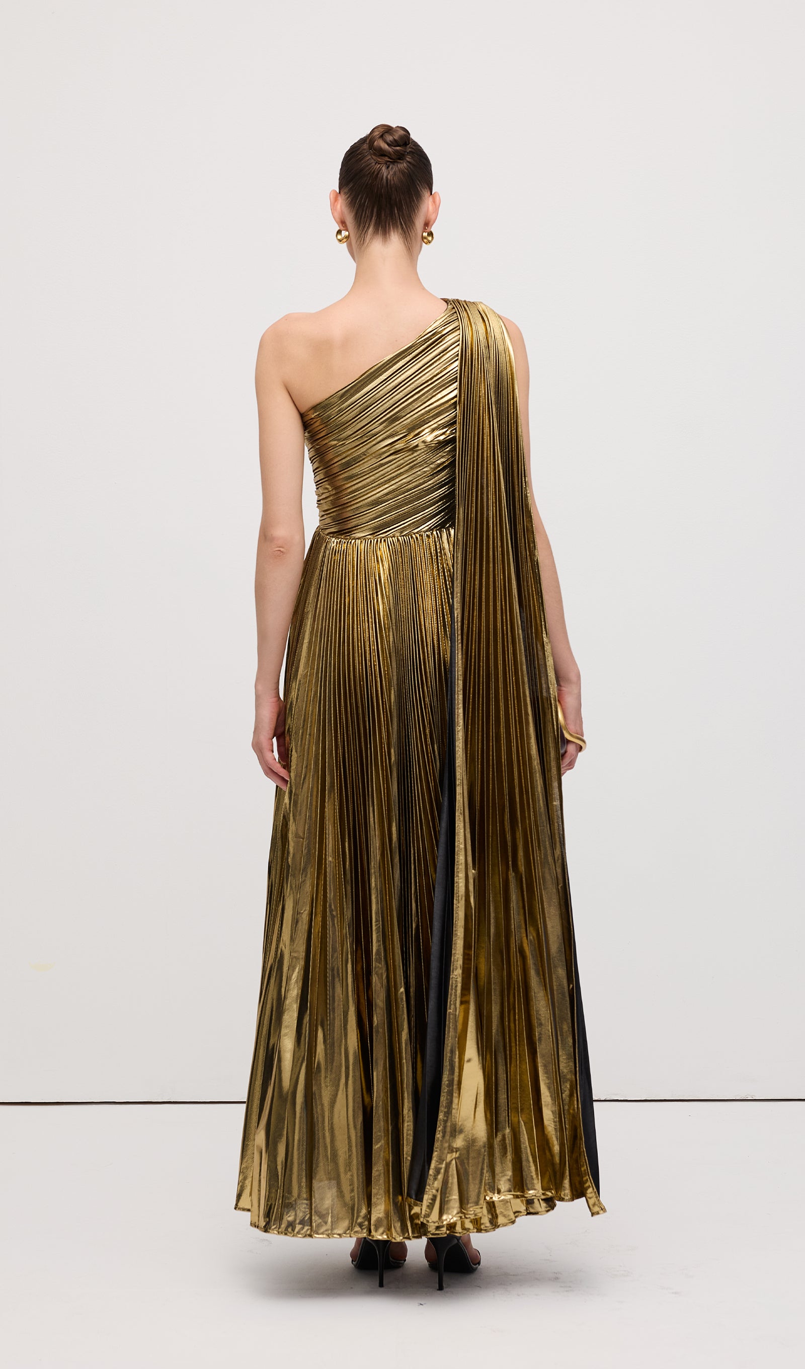 Pleated Metallic One Shoulder Maxi Dress