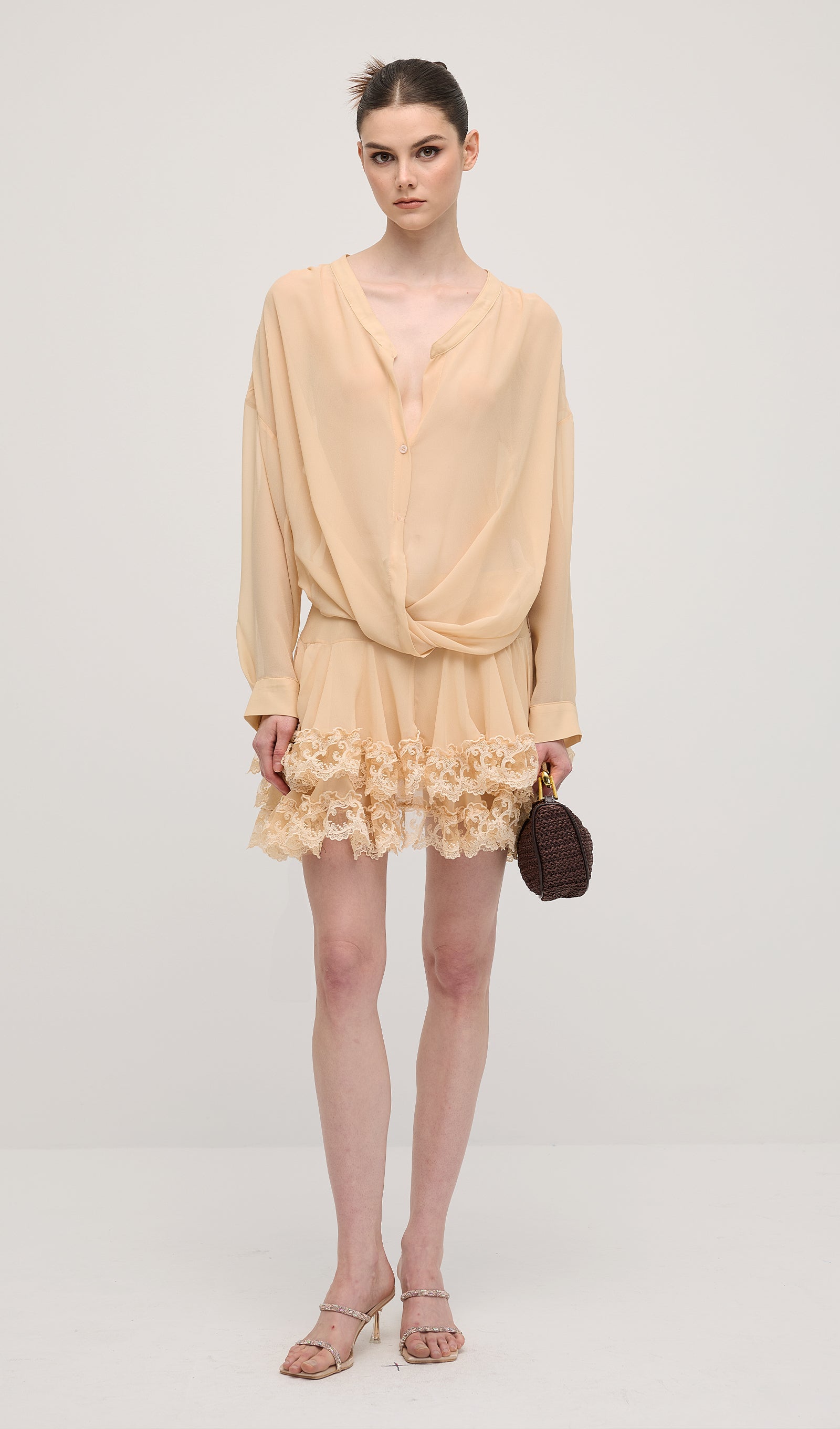 Long Sleeves Layered Folds Mini Dress Set