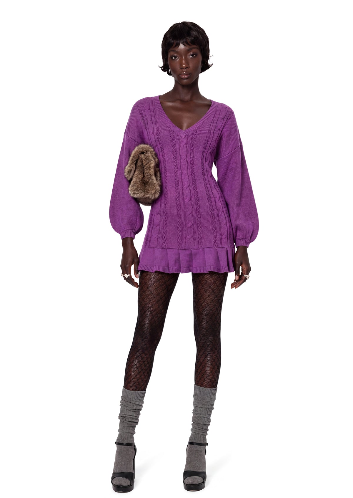 Xanti V Neck Knit Mini Dress In Purple