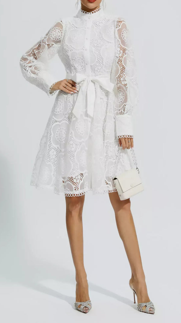 Hollow Out Lace Midi Dress With Belt