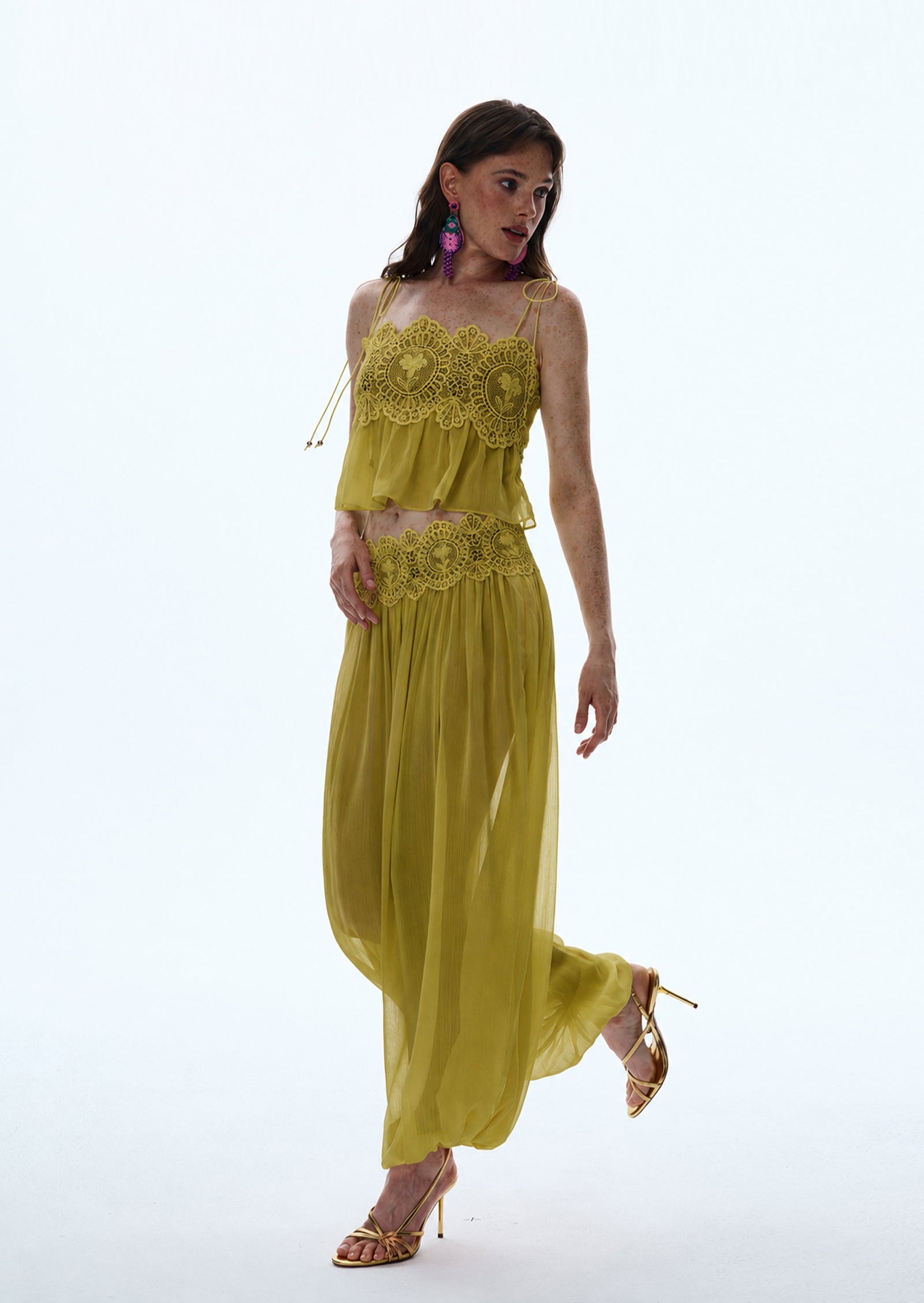 Luenie Chiffon Top & Pant Two Piece Set In Mustard Green
