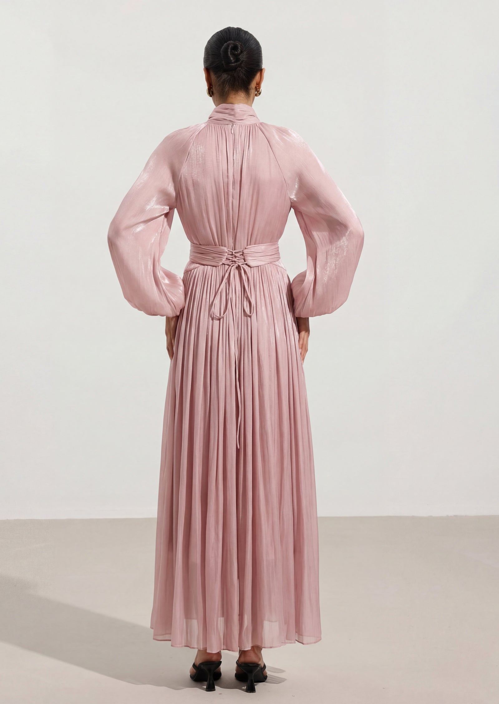 Floral Pleated Glossy Maxi Dress In Pink