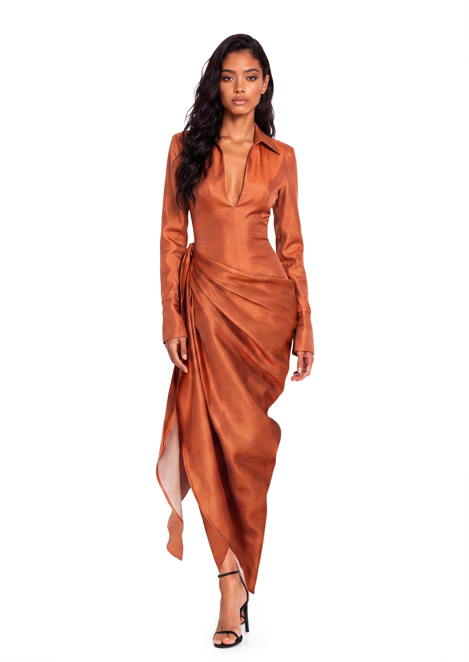 Wafai Ruffled Ribbon Shirt Midi Dress In Orange