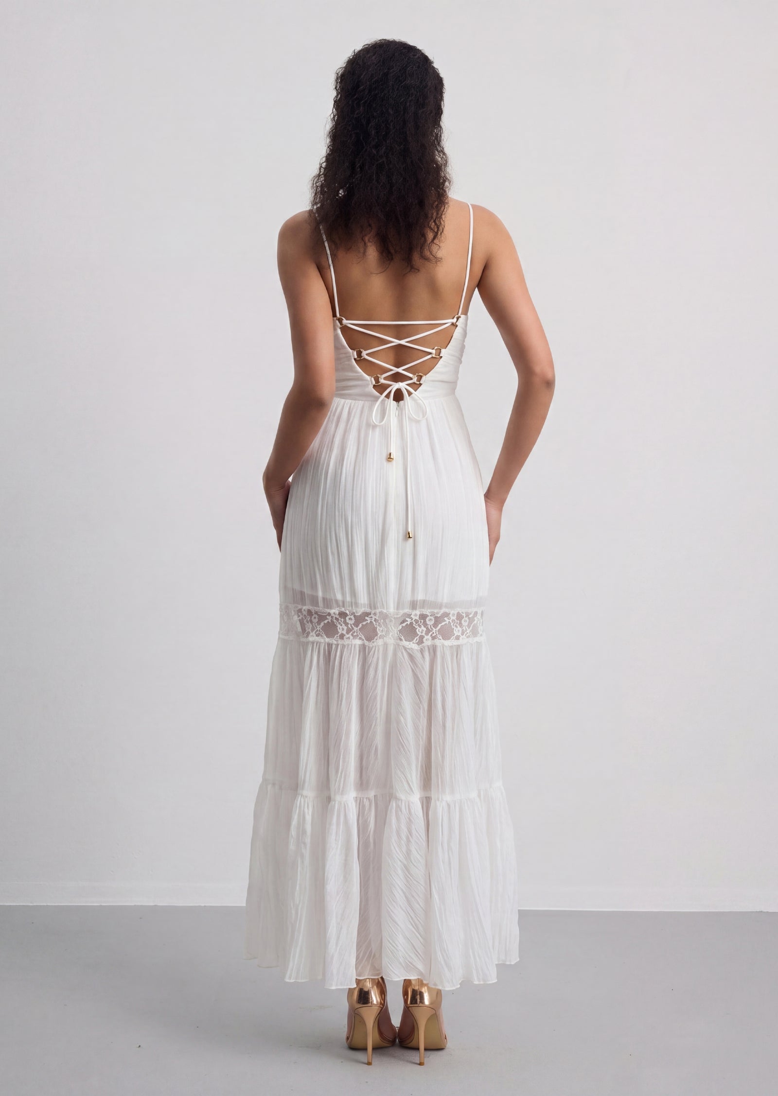Vivienne V Neck Lace Up Maxi Dress In White