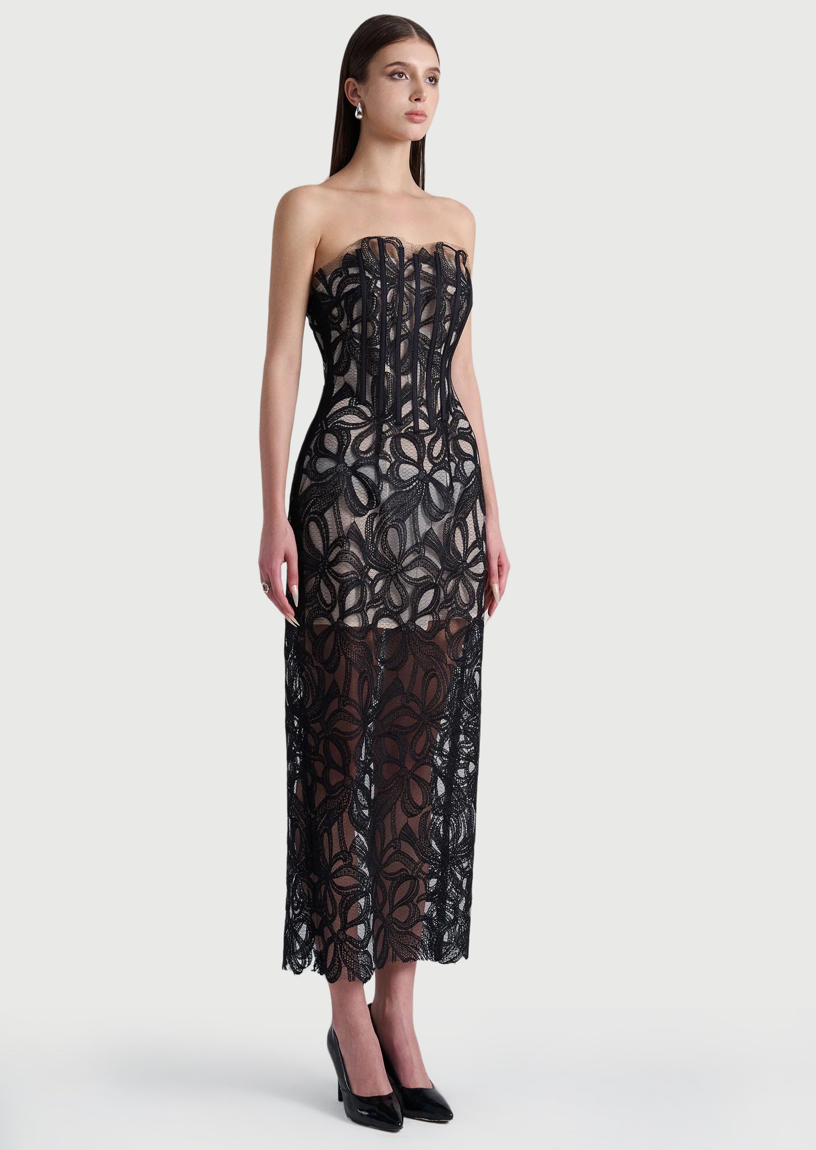 Off Shoulder Lace Mesh Floral Midi Dress