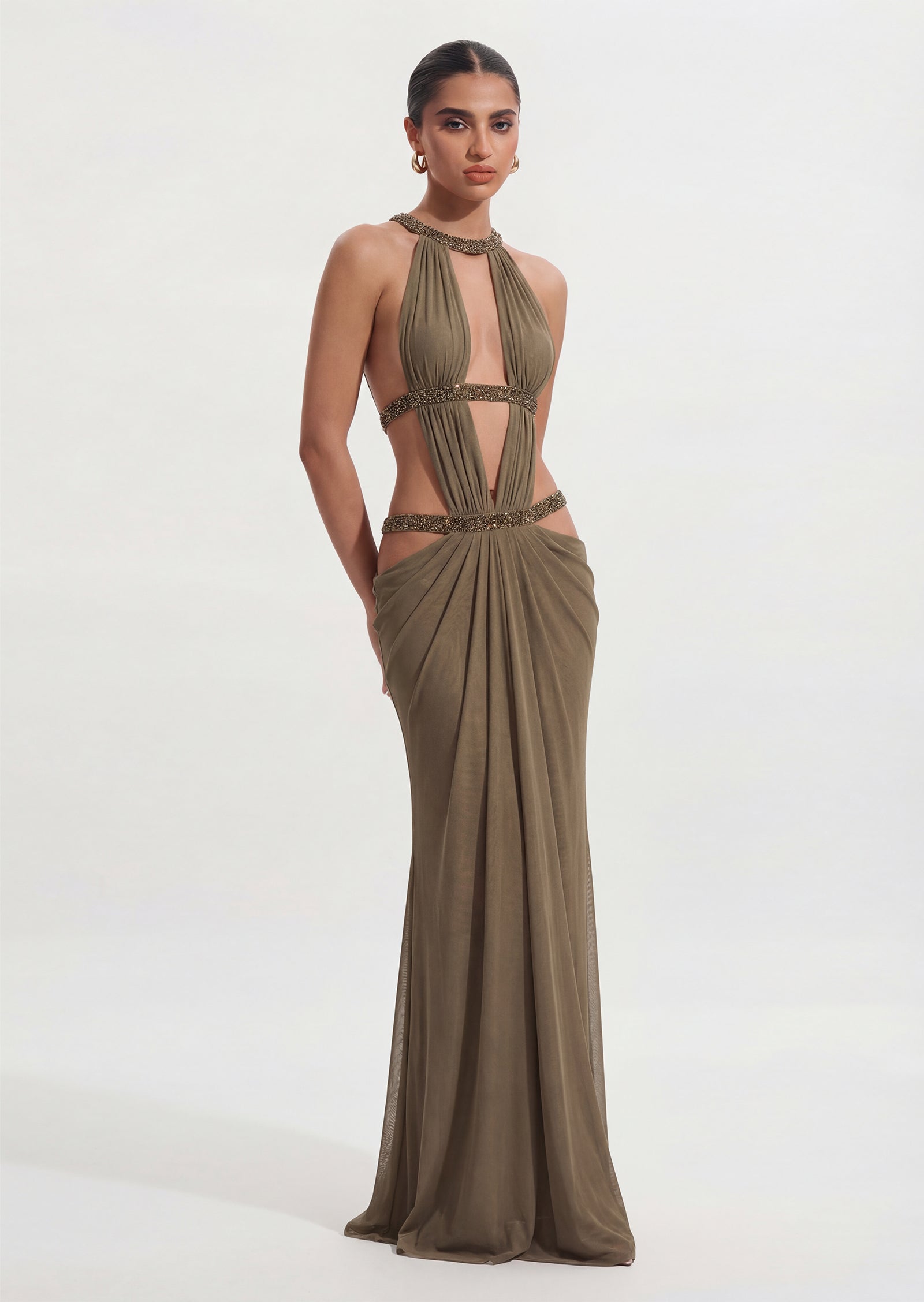 Open Back Cut Out Maxi Dress In Moss