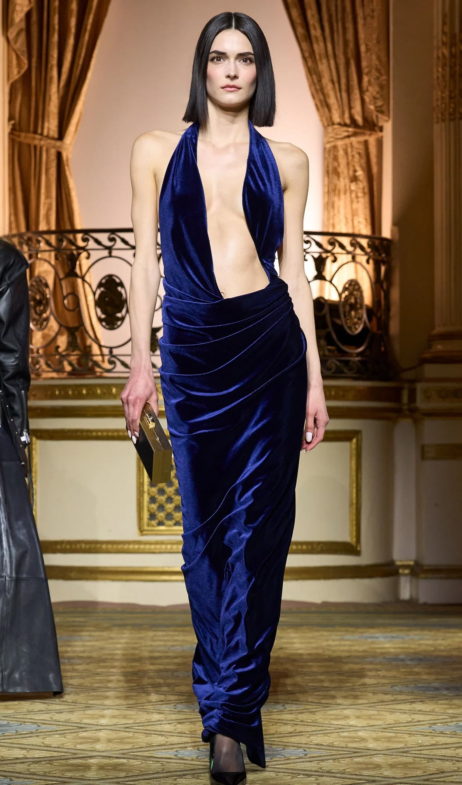 Asymmetrical Plunging Neckline Velvet Maxi Dress