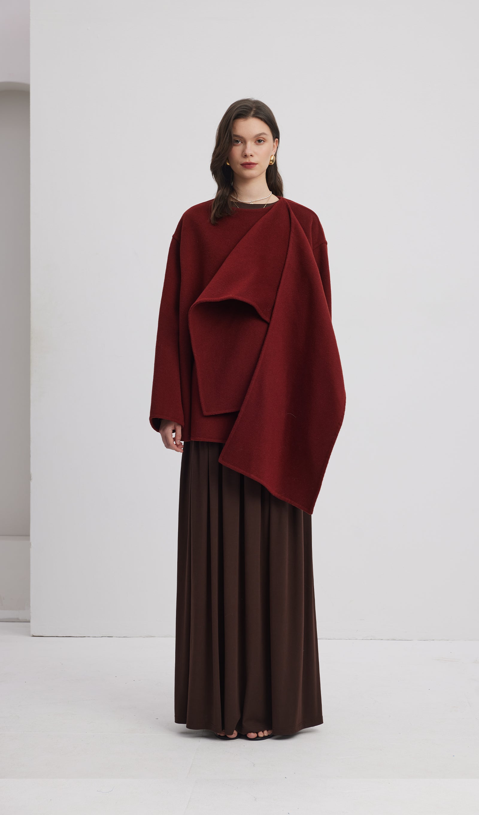 Solid Cape Style Coat-Wine Red