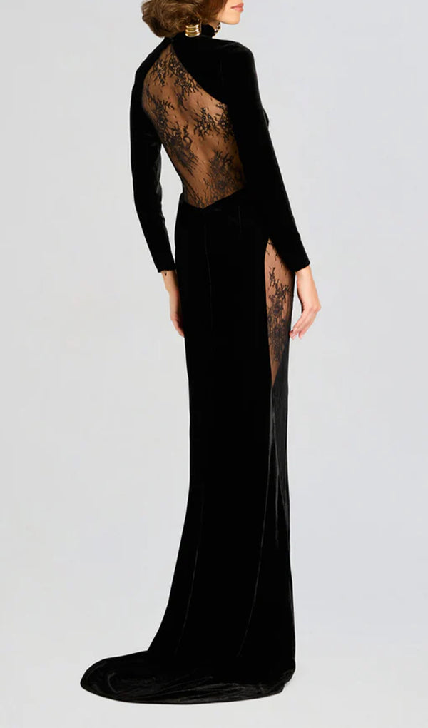 Semi-Sheer Lace Velvet Maxi Dress