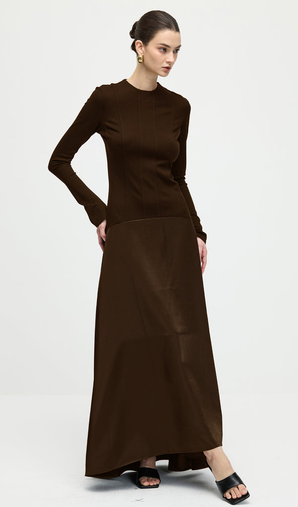 Knitted Satin Maxi Dress In Coffee