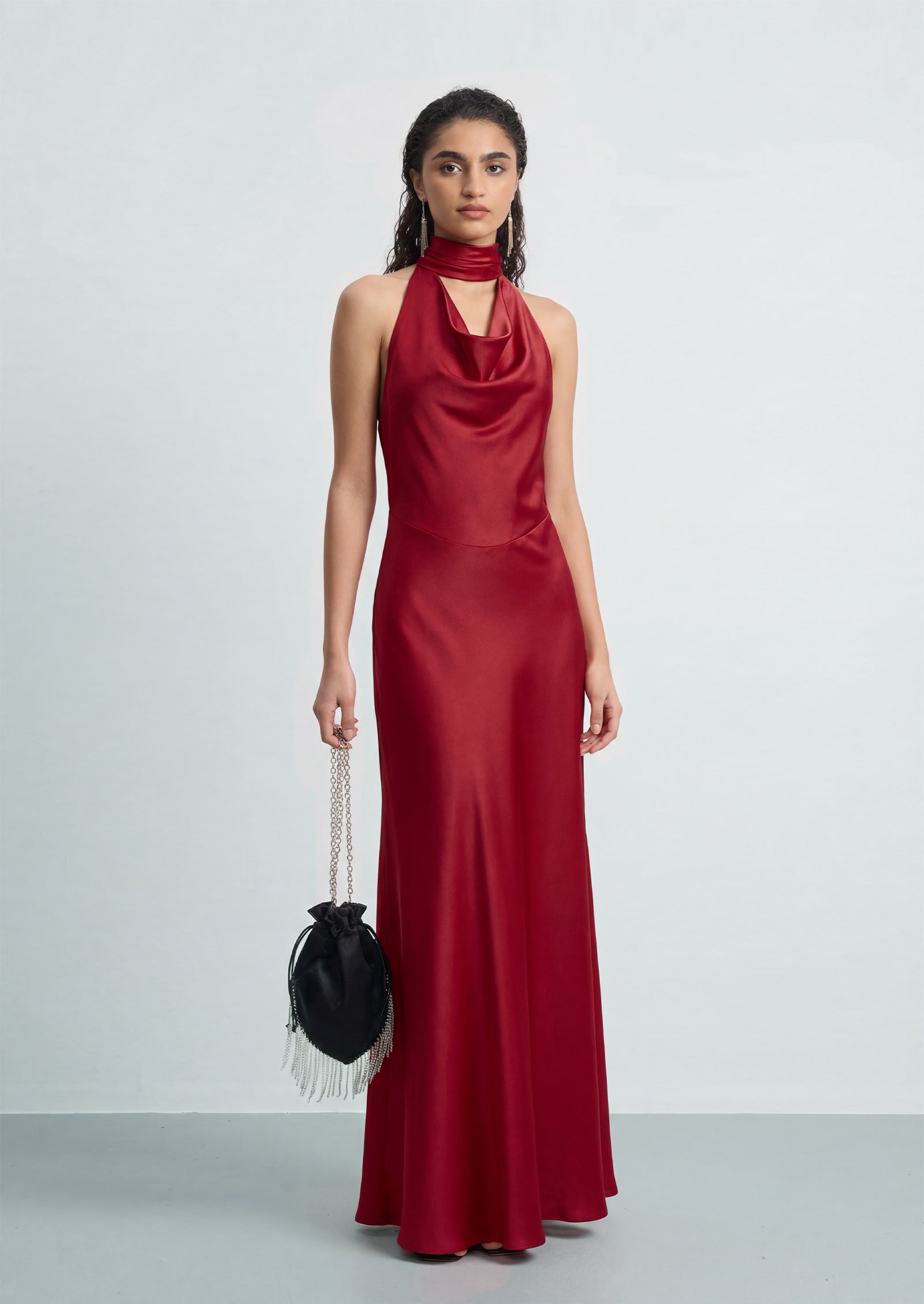 Satin Pearl Decor Maxi Dress In Red