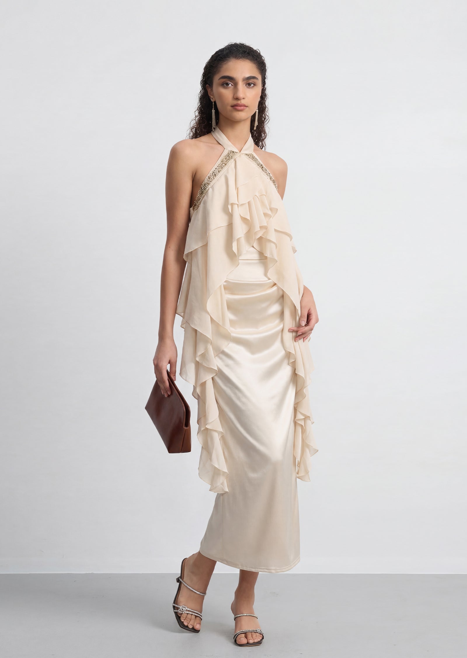 Romelle Halter Ruffled Top & Maxi Satin Skirt Set