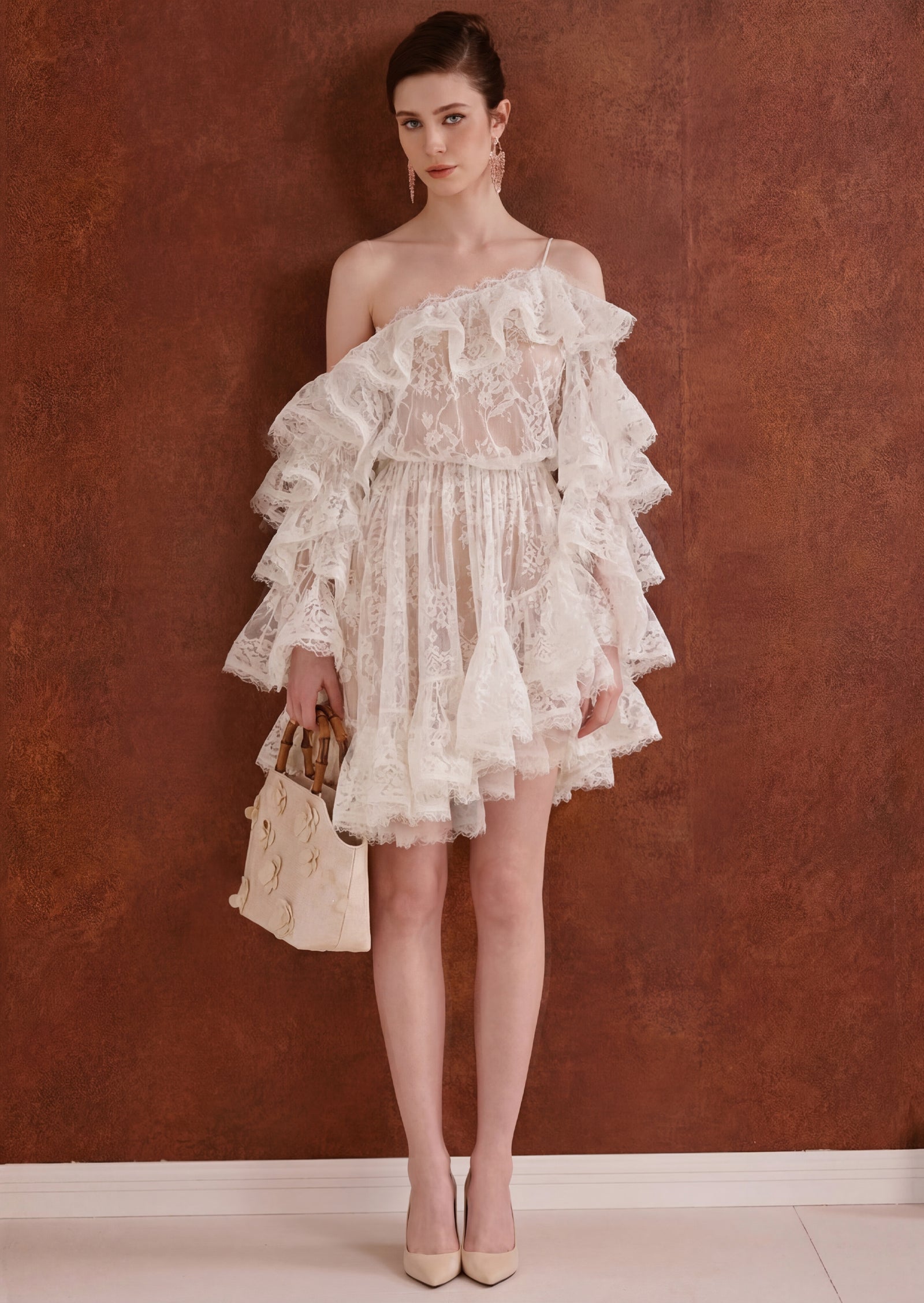 Midikleid in A-Linie mit Blumenmuster und Laternenärmeln