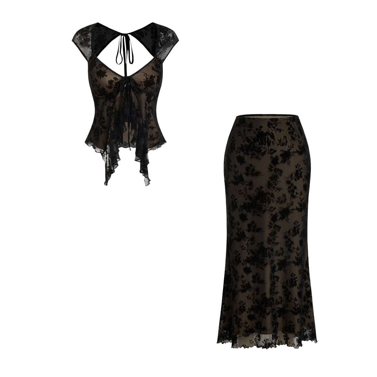 Bacca Lace Top And Midi Skirt Set In Black