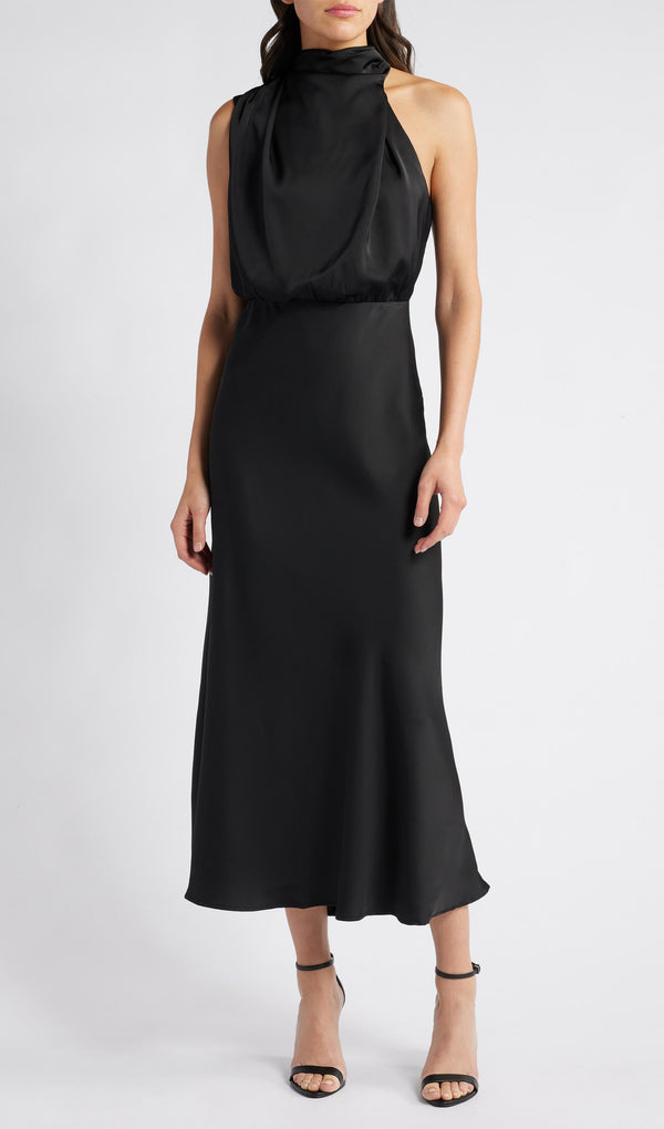 Asymmetric Satin Midi Dress Black