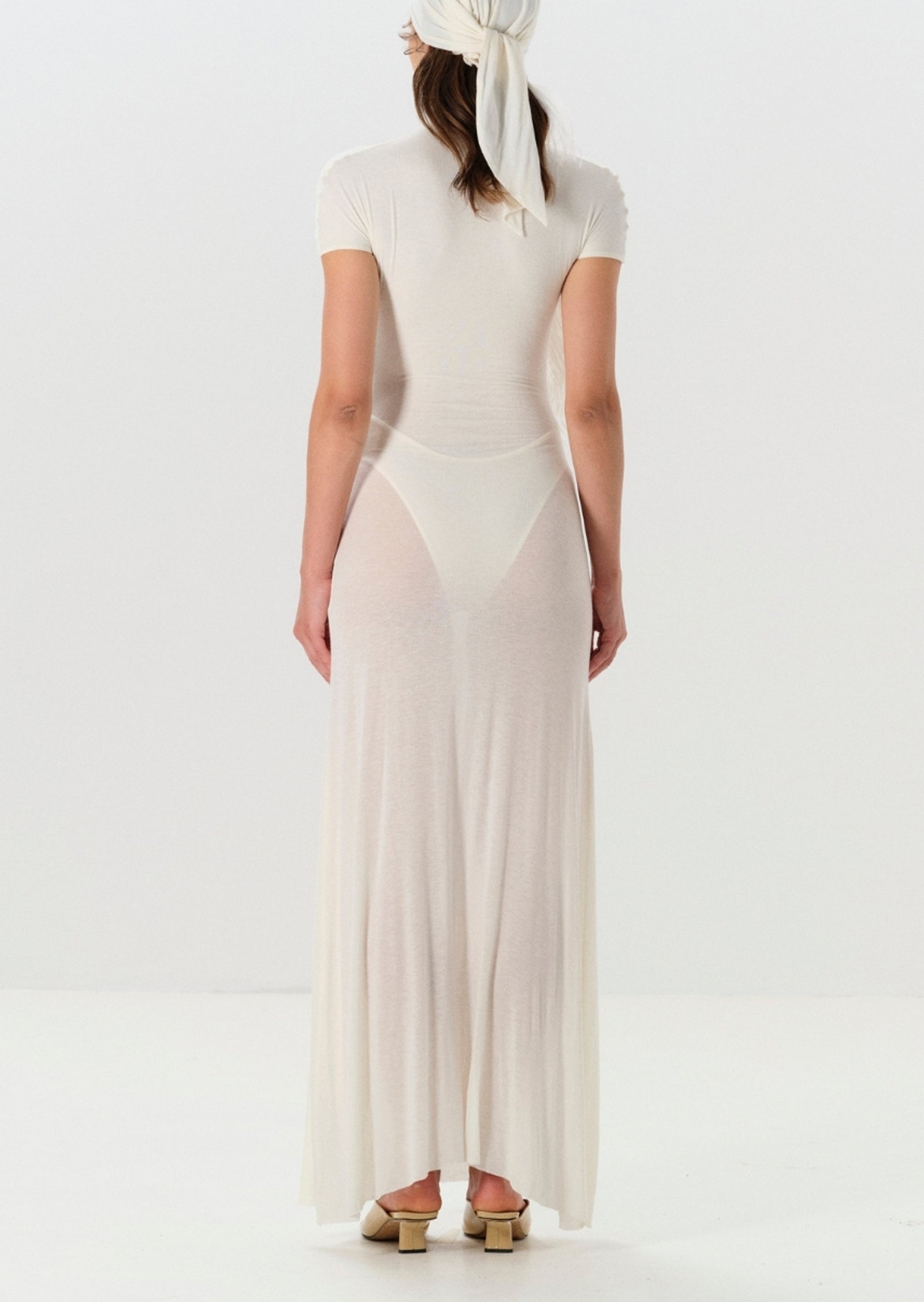 Short Sleeved Sheer Button Maxi Dress In White
