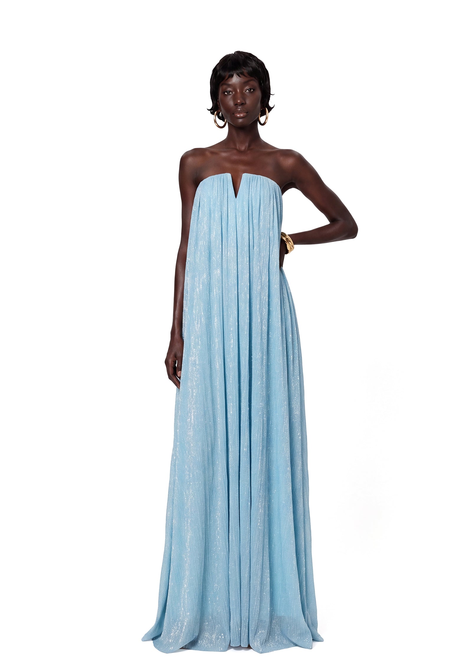 Chasca Strapless Shimmering Maxi Dress In Blue