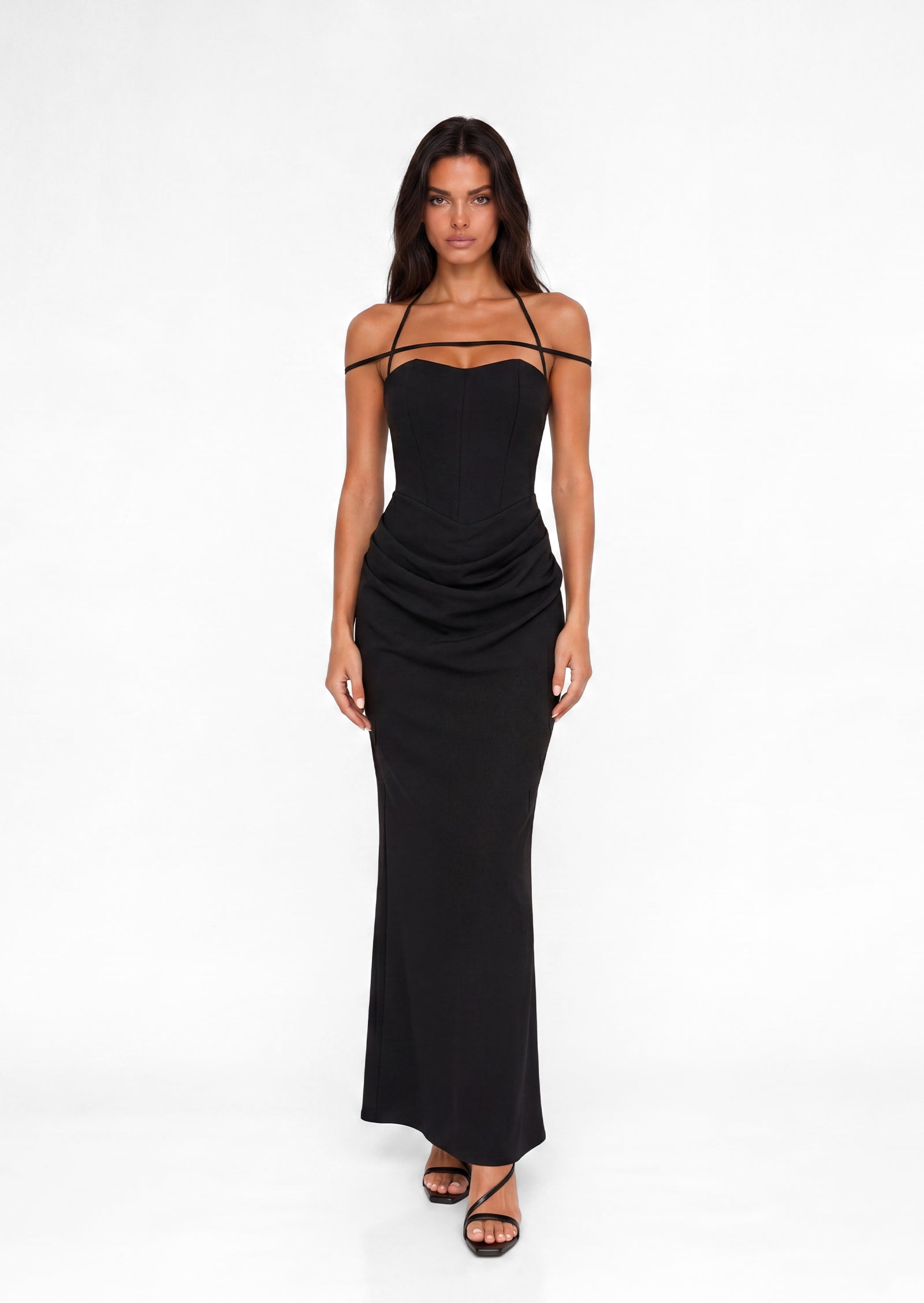 Abilene Off Shoulder Satin Maxi Dress In Black