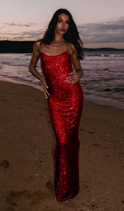 Hot Fix Maxi Dress With Mesh Red