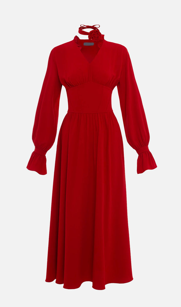 Solid Midi Dress With Flower Detail