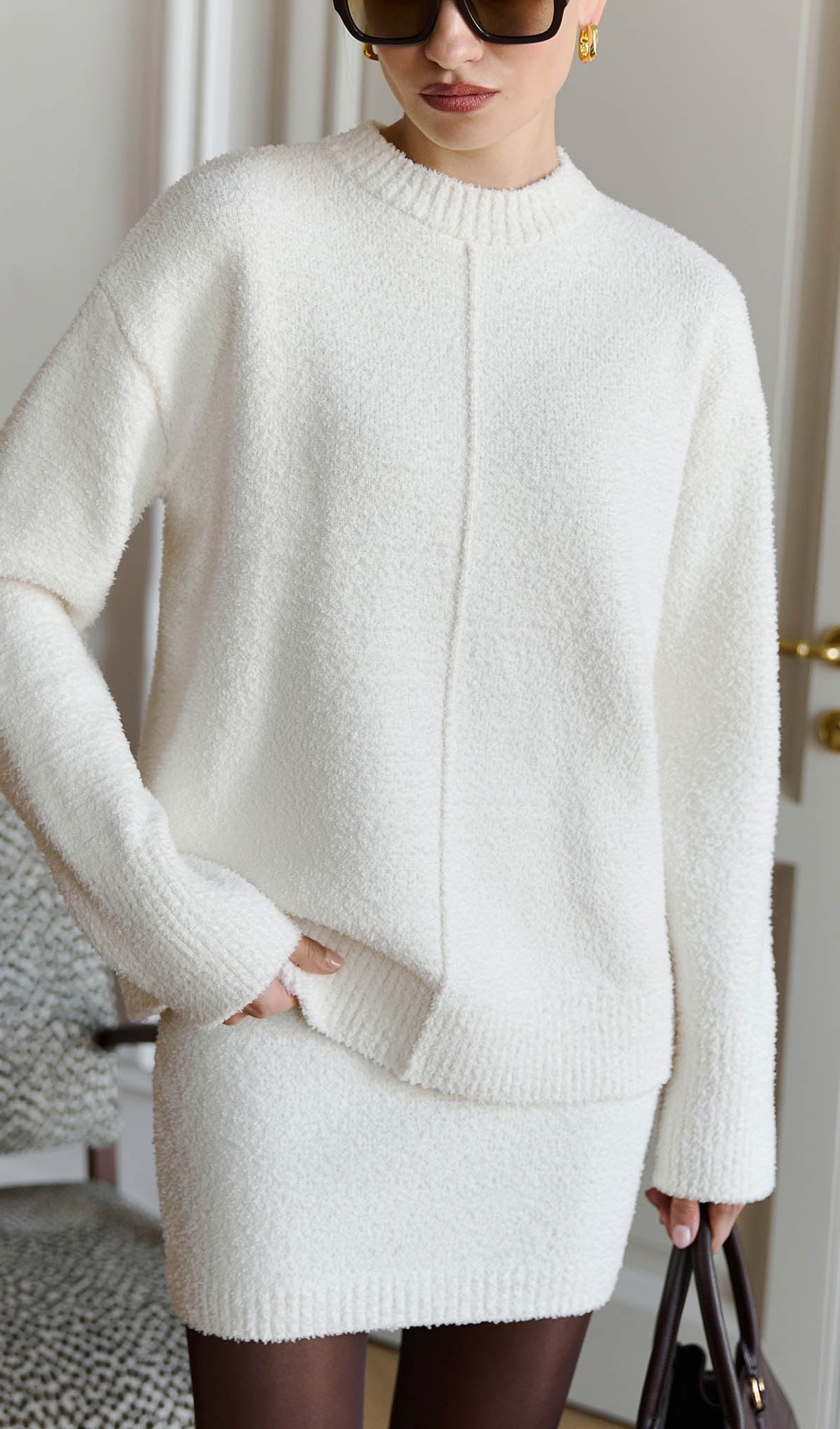 Textured Knitted Jumper & Mini Skirt Set White