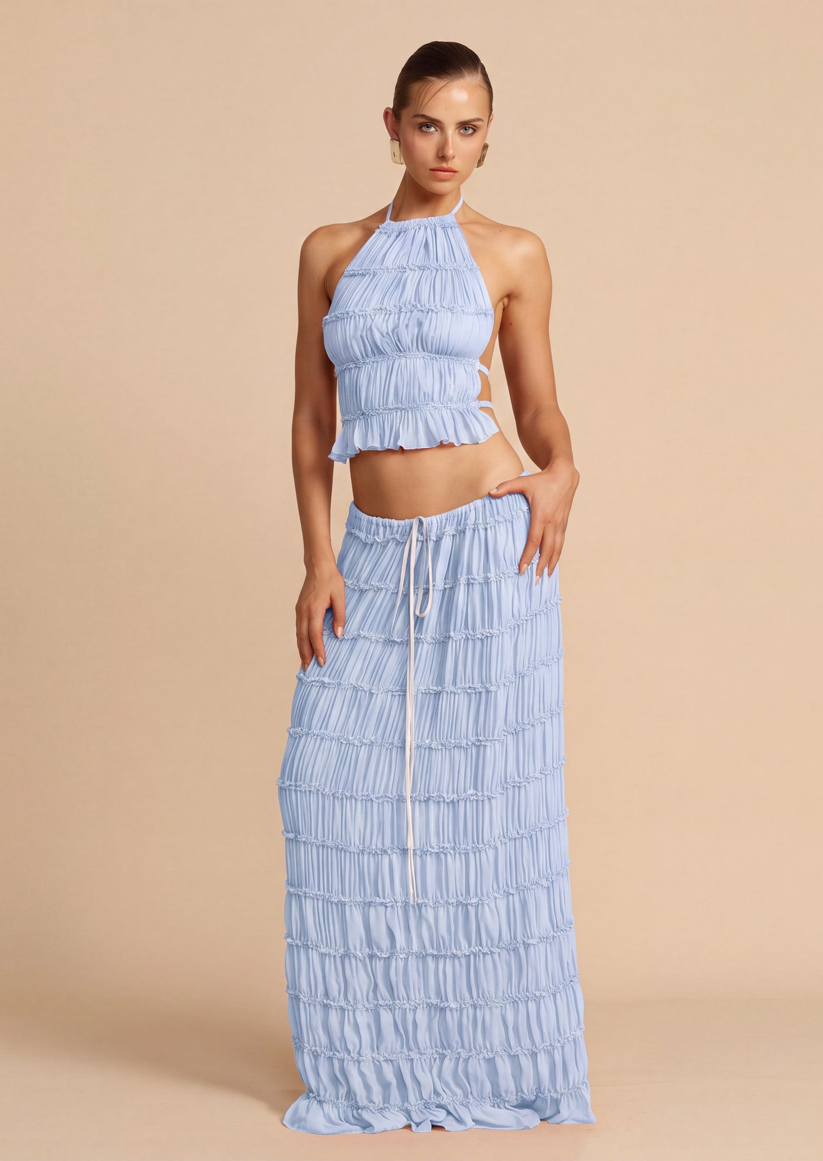 Halter Top & Ruched Detail Maxi Skirt Sets