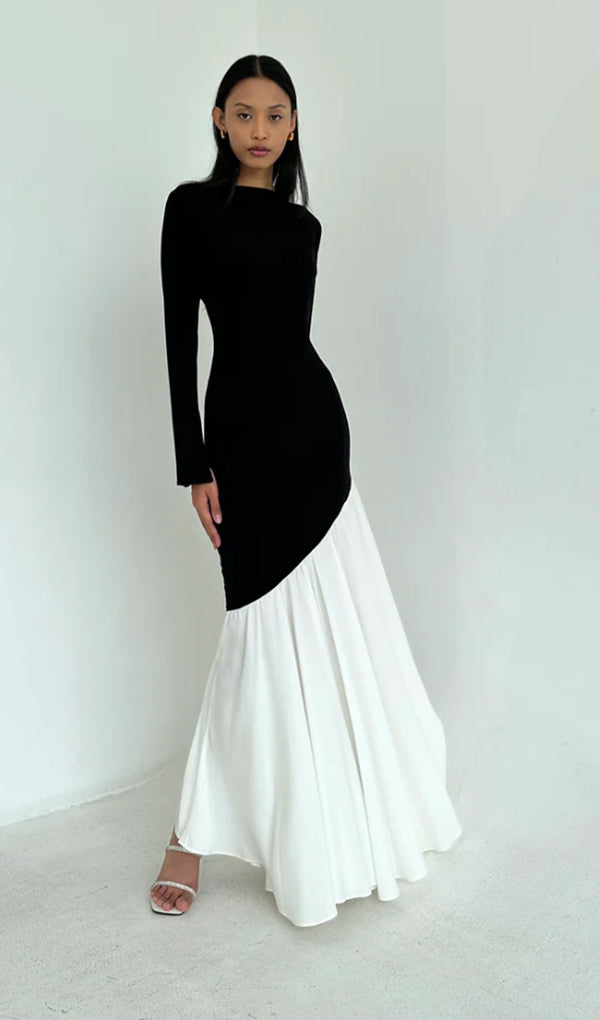 Asymmetrical Black/White Colorblock Maxi Dress