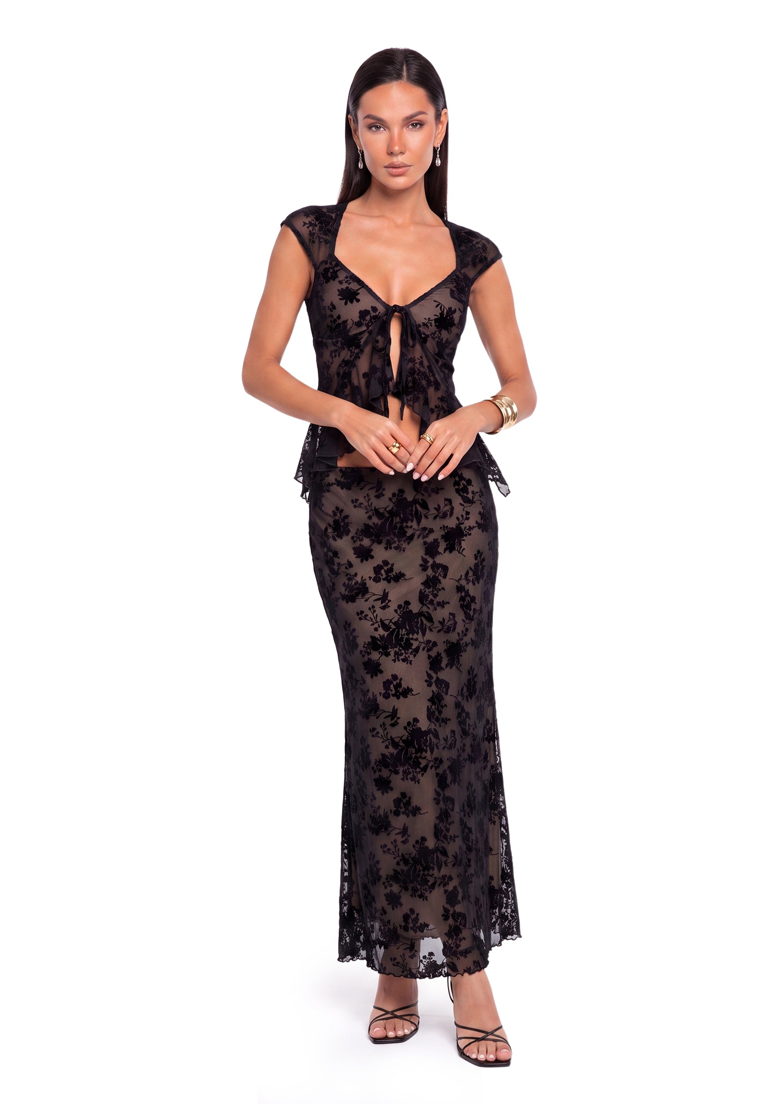 Bacca Lace Top And Midi Skirt Set In Black
