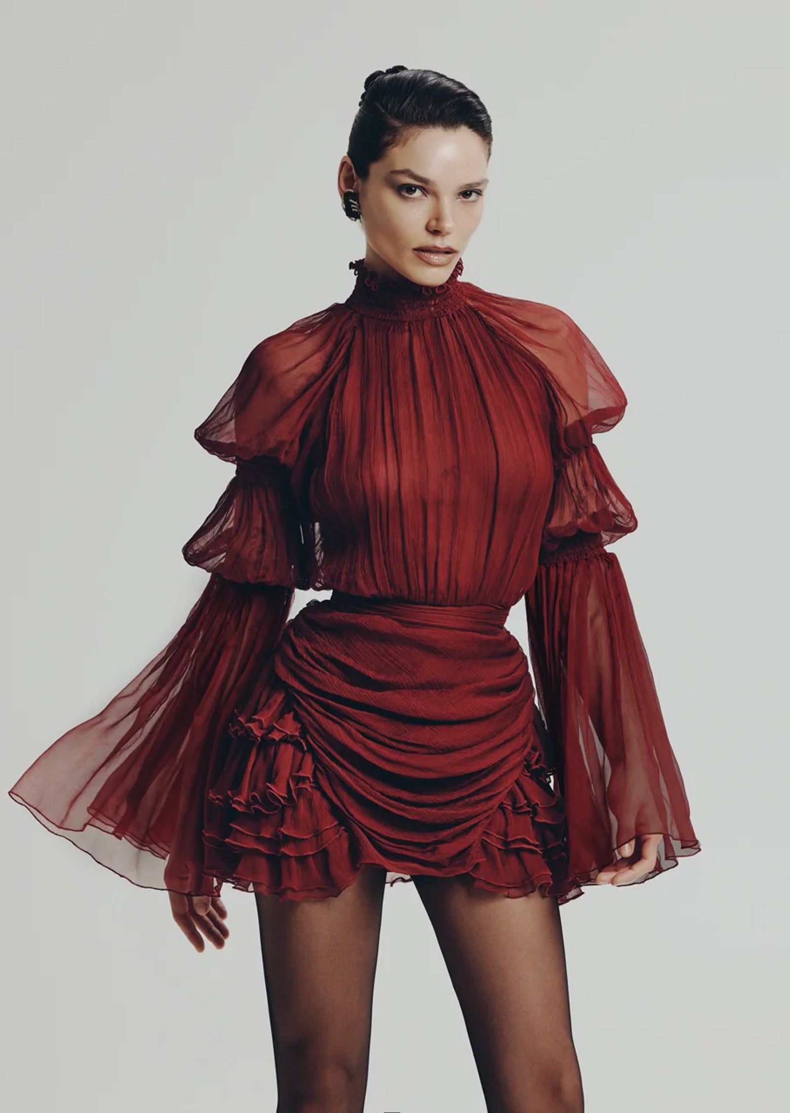 Midikleid in A-Linie mit Blumenmuster und Laternenärmeln