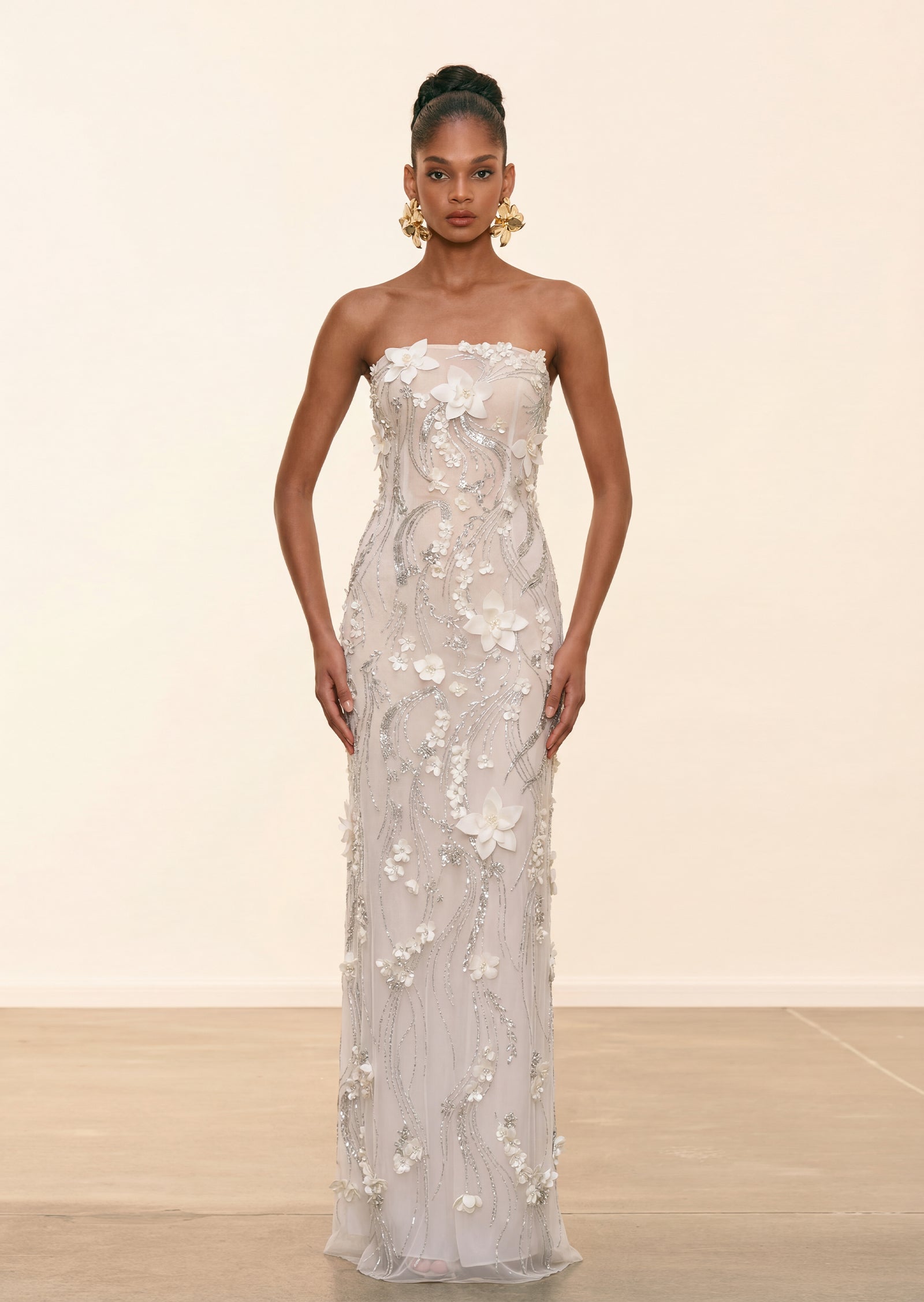 Milly Strapless Beaded Sequin Maxi Dress In White
