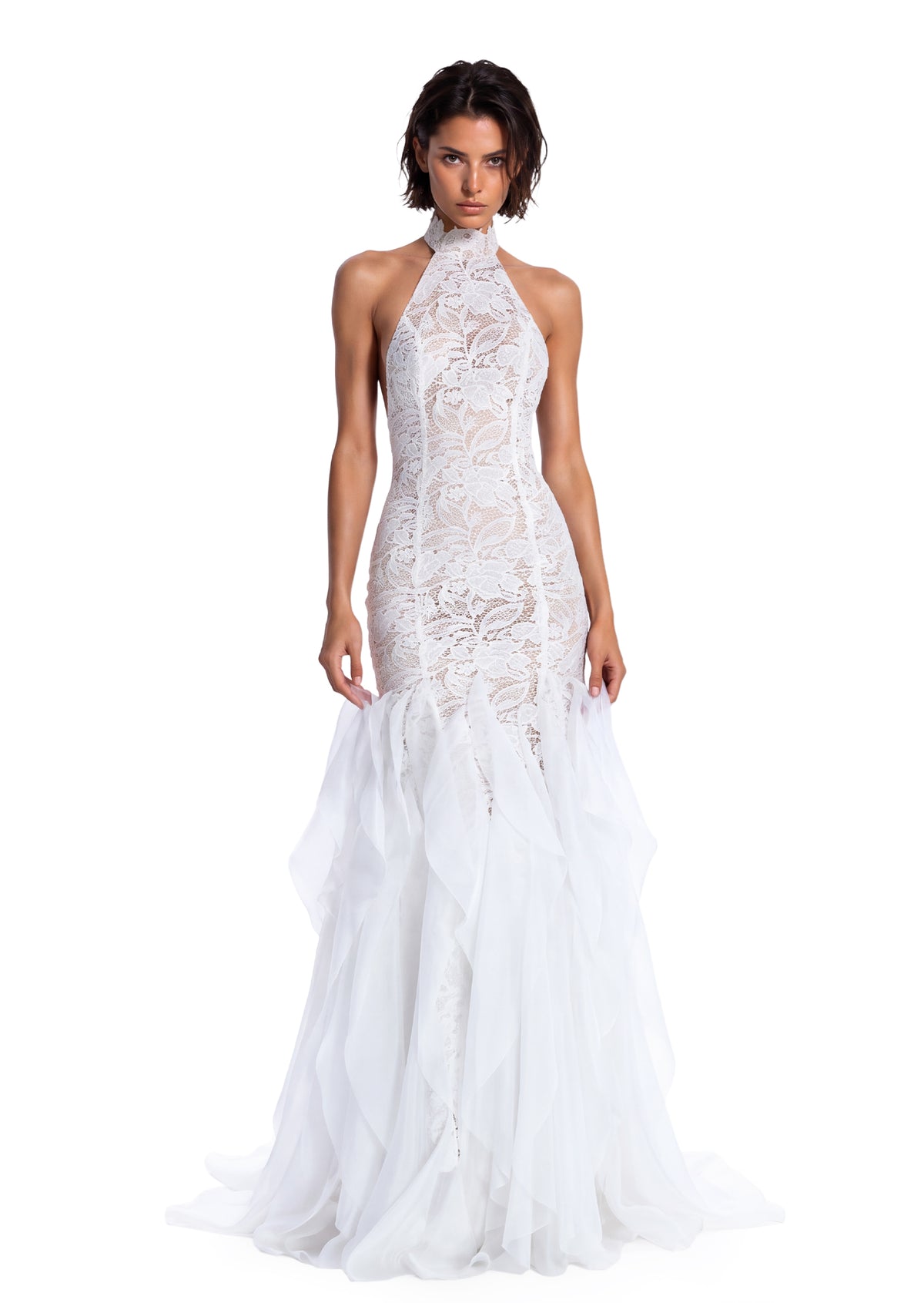 Zareen Halter Neck Ruffled Lace Maxi Dress