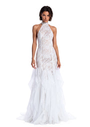 Zareen Halter Neck Ruffled Lace Maxi Dress