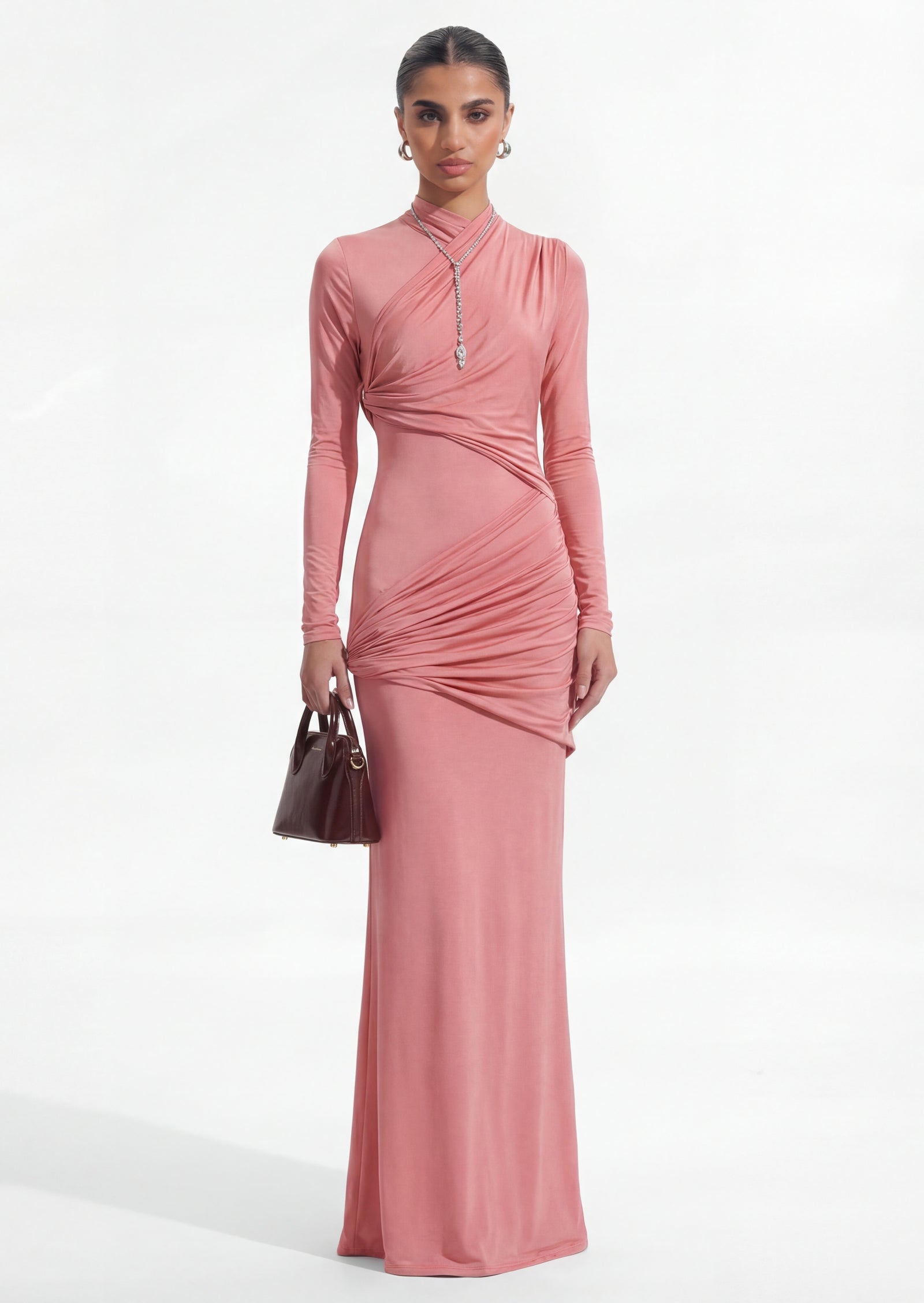 Aria High Neckline Maxi Dress In Pink