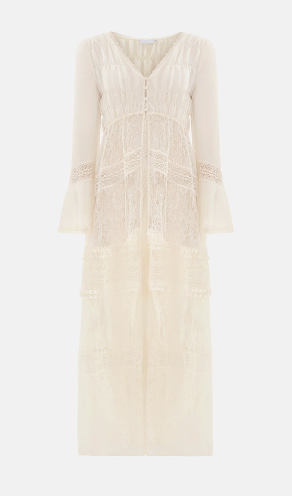 Maxi Dress With Lace Inserts And Button Fastening