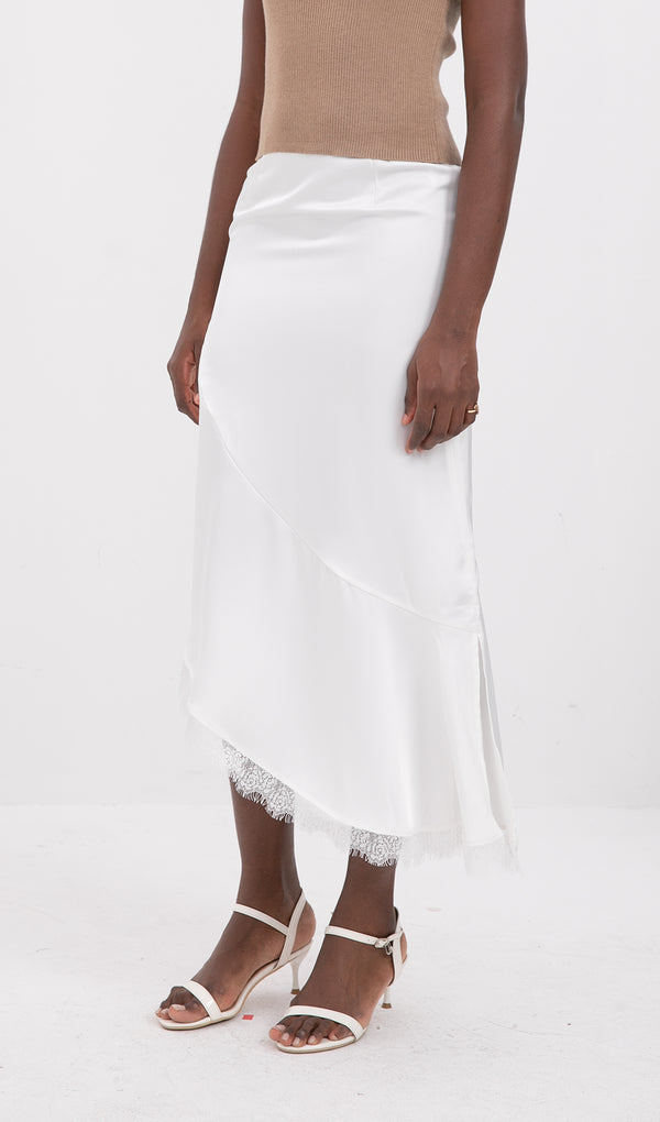 Trendy Satin Lace-Trim Midi Skirt-White