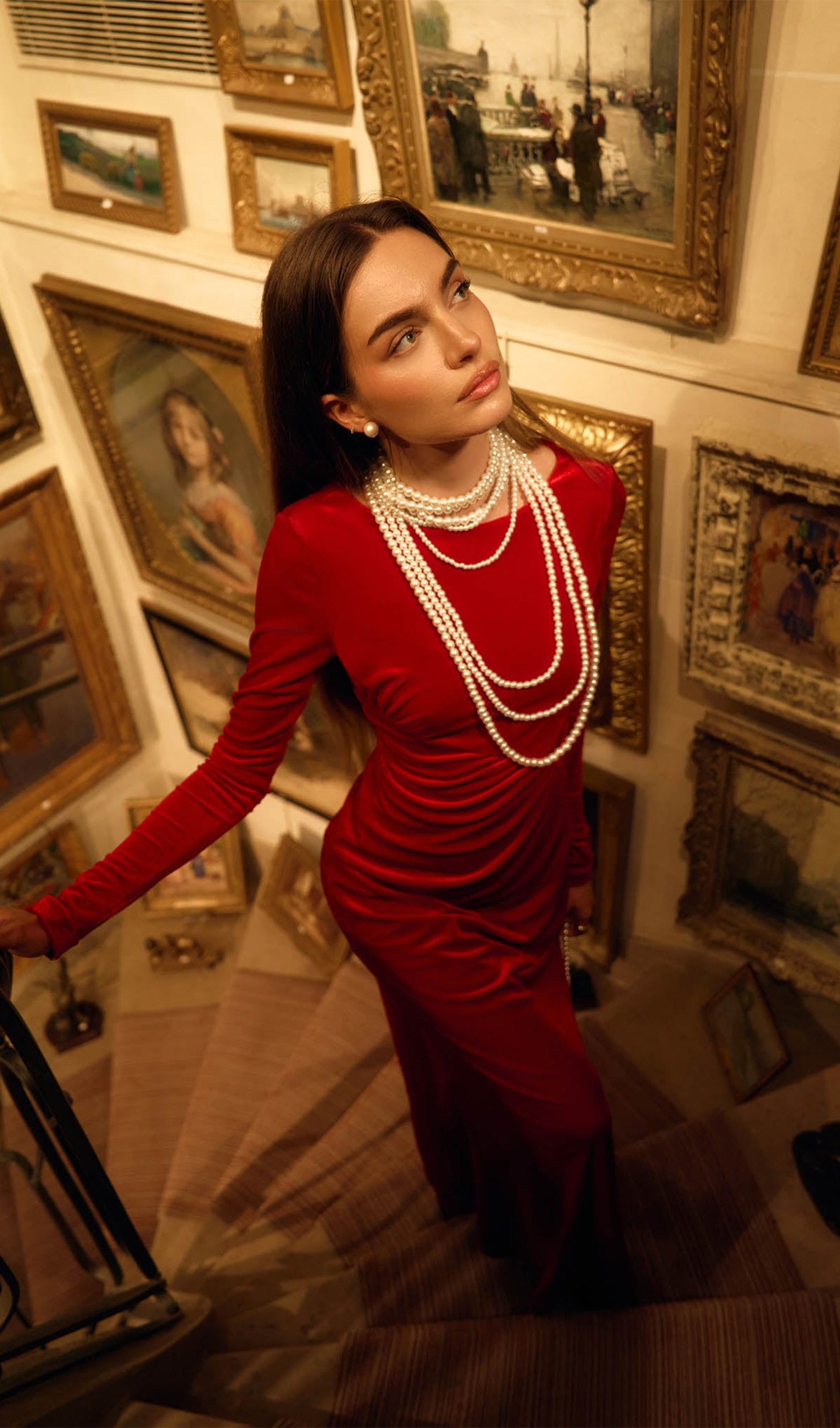 Long Sleeved Gathers  Maxi Dress Red