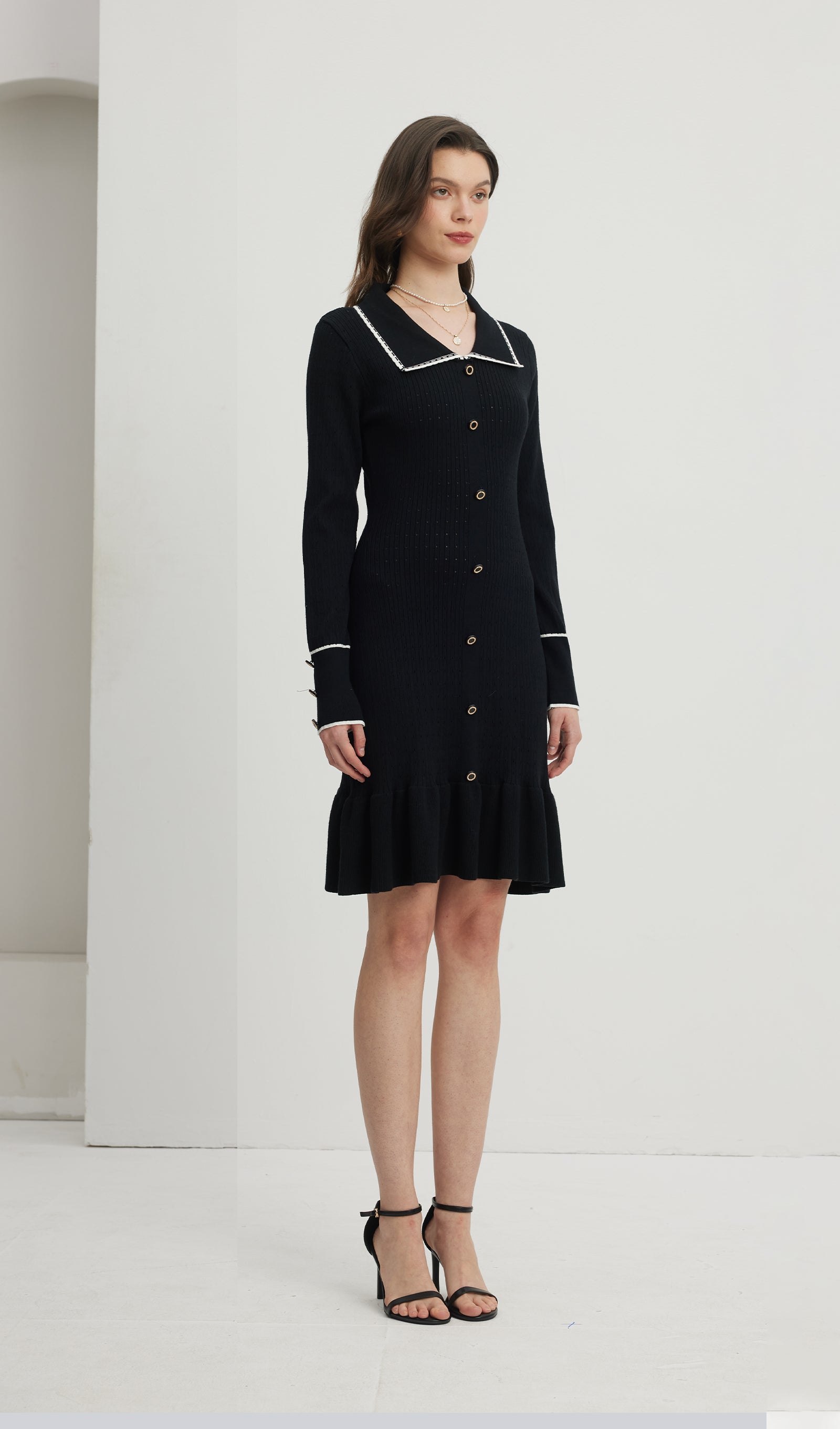 Fitted Textured Jersey Mini Dress-Black