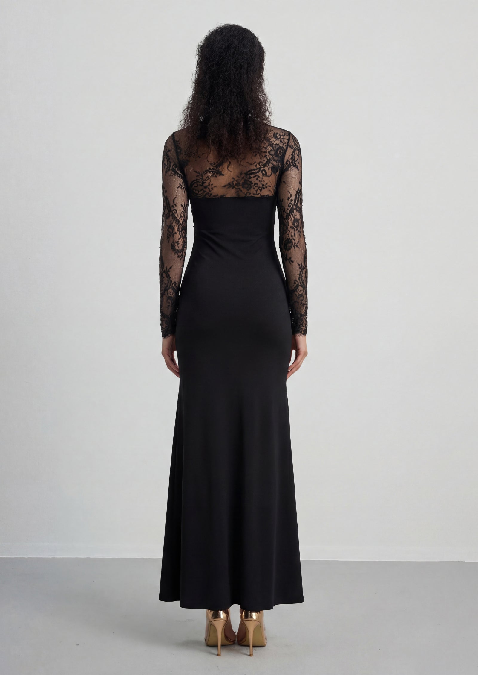 Long Sleeve Plunge Neck Lace Maxi Dress