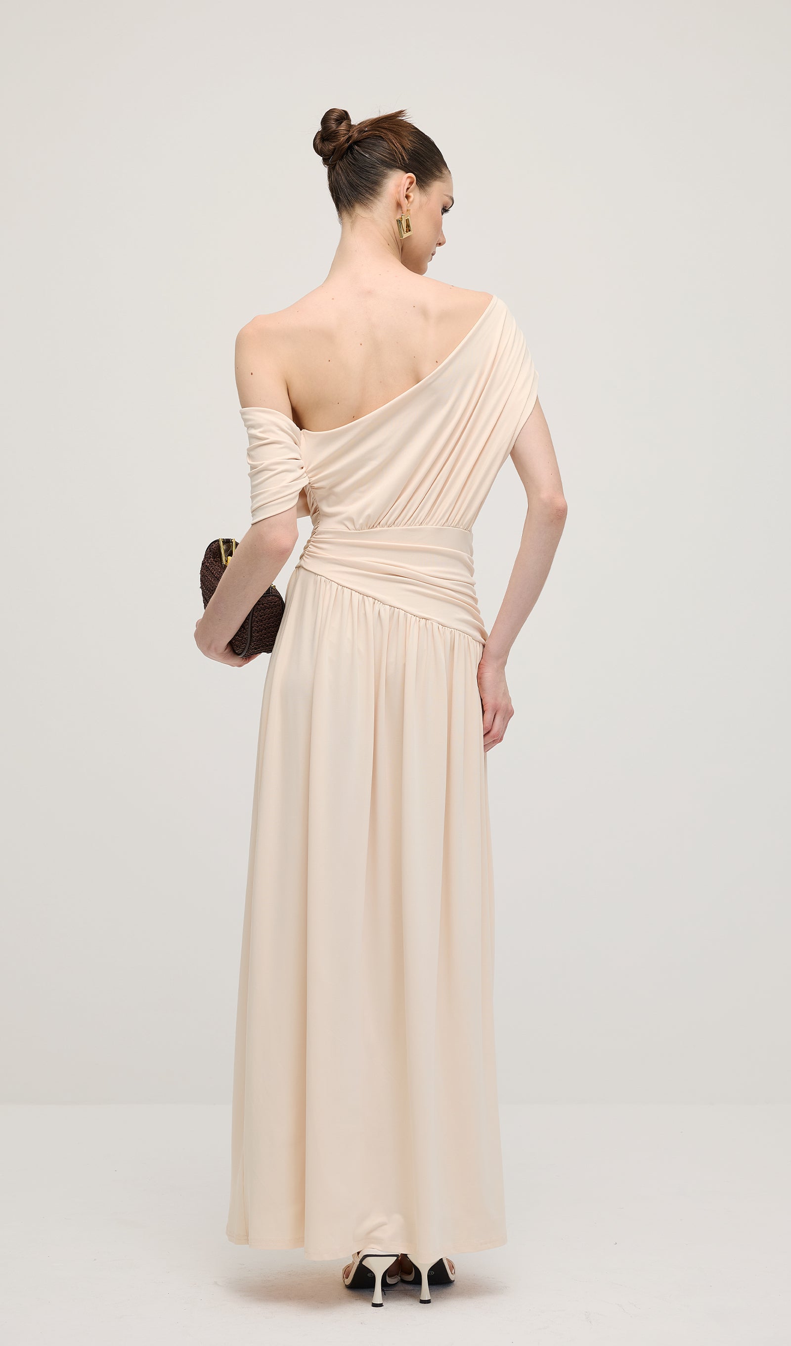 Off Shoulder Pleated Maxi Dress In Dune