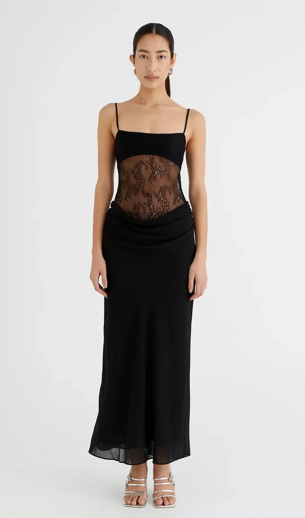 Lace Hollow Out Maxi Dress-Black