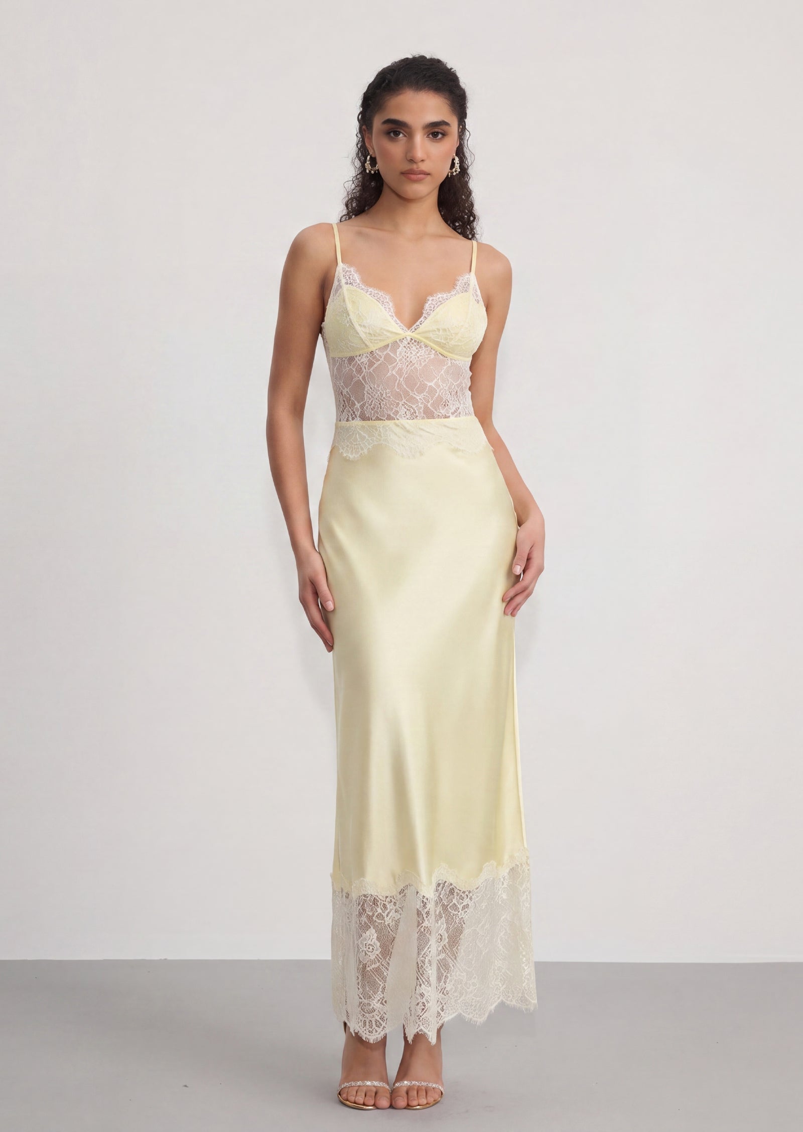 Lilah Lace Hollow Out Maxi Dress In Lemon
