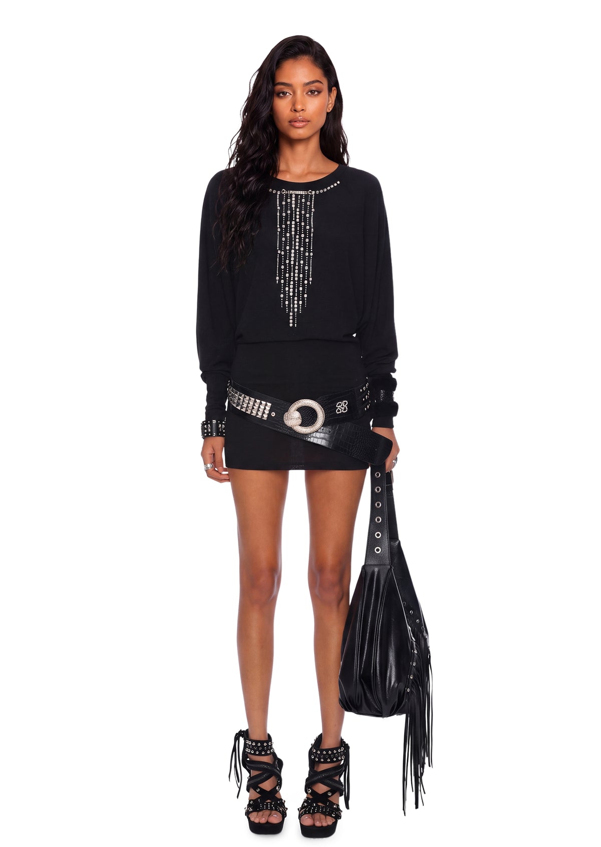 Yamha Open Back Crystal Chain Knit Mini Dress