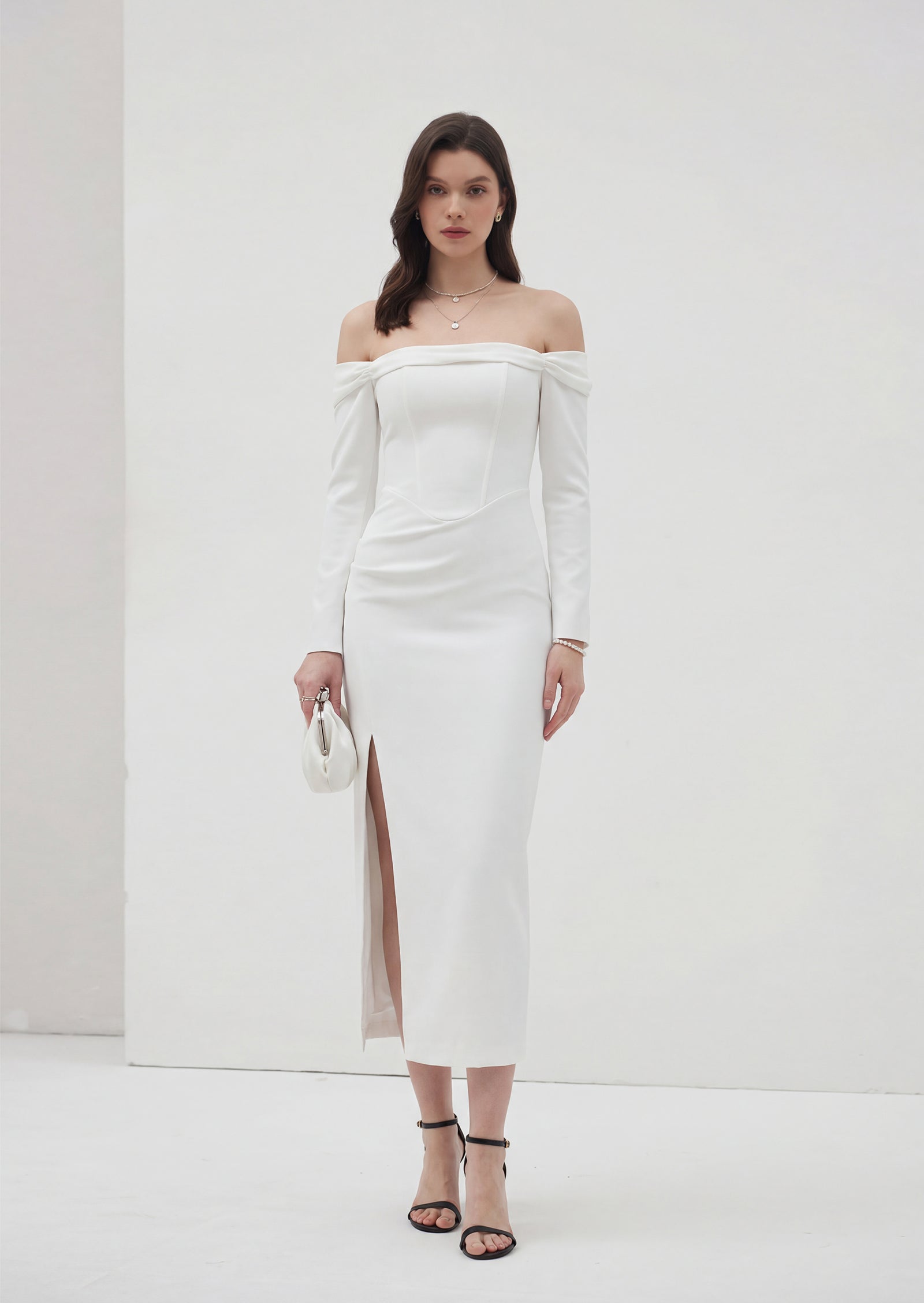 Solid Open Shoulders And Slit Midi Dress