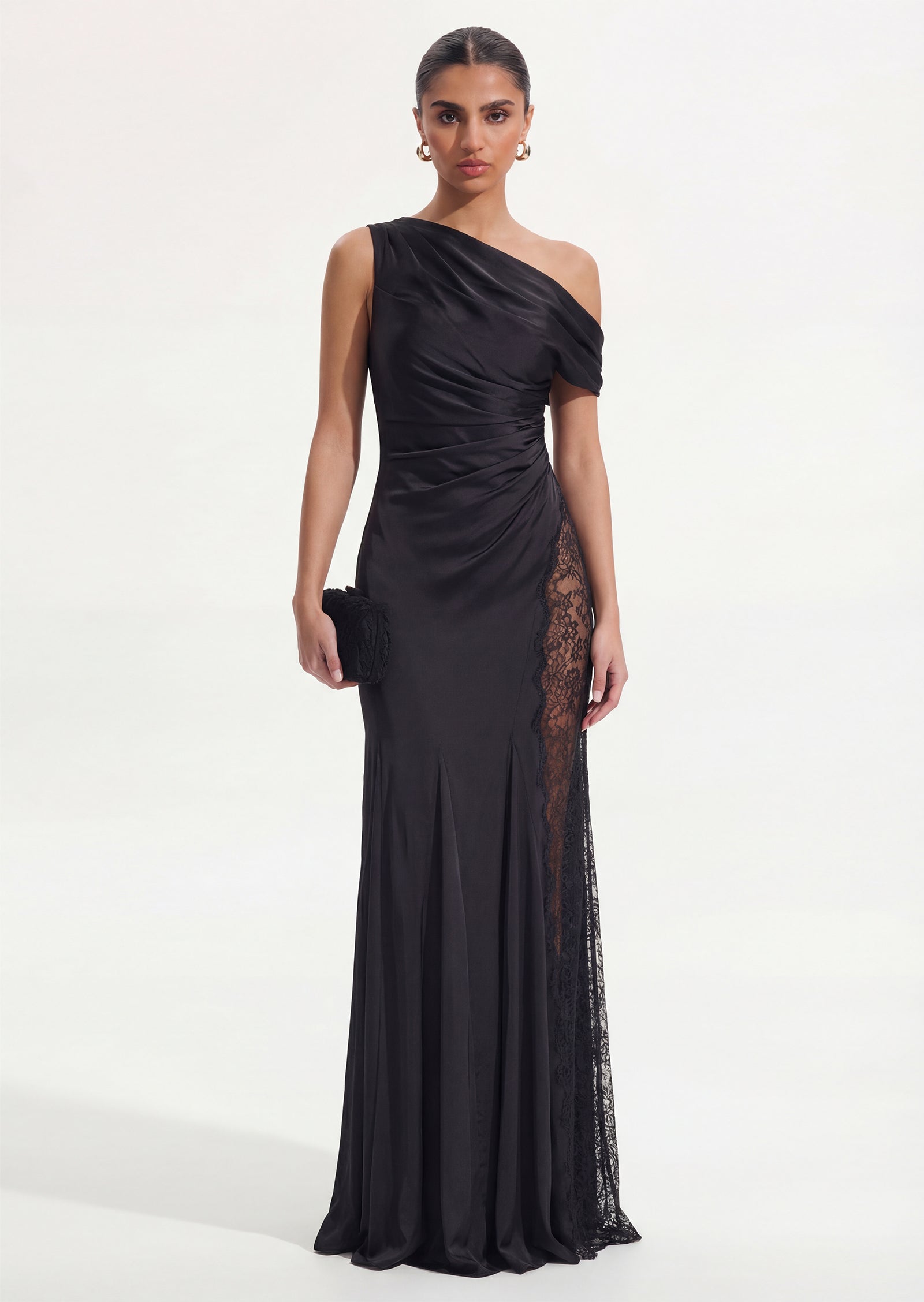 One Shoulder Lace Satin Maxi Dress