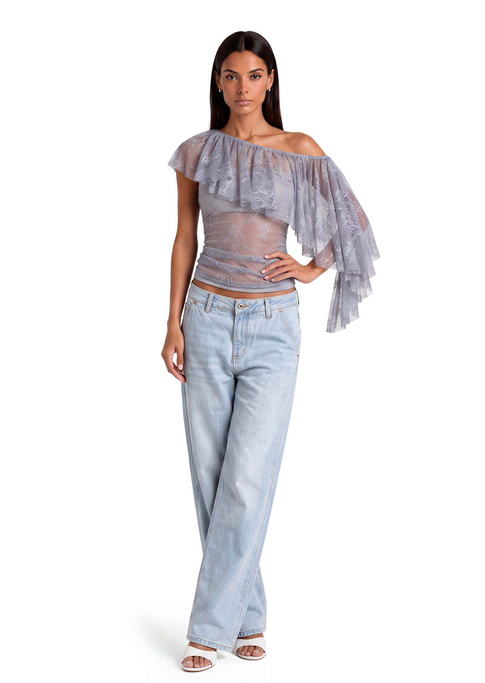Cait Off Shoulder Ruffled Lace Top In Gray